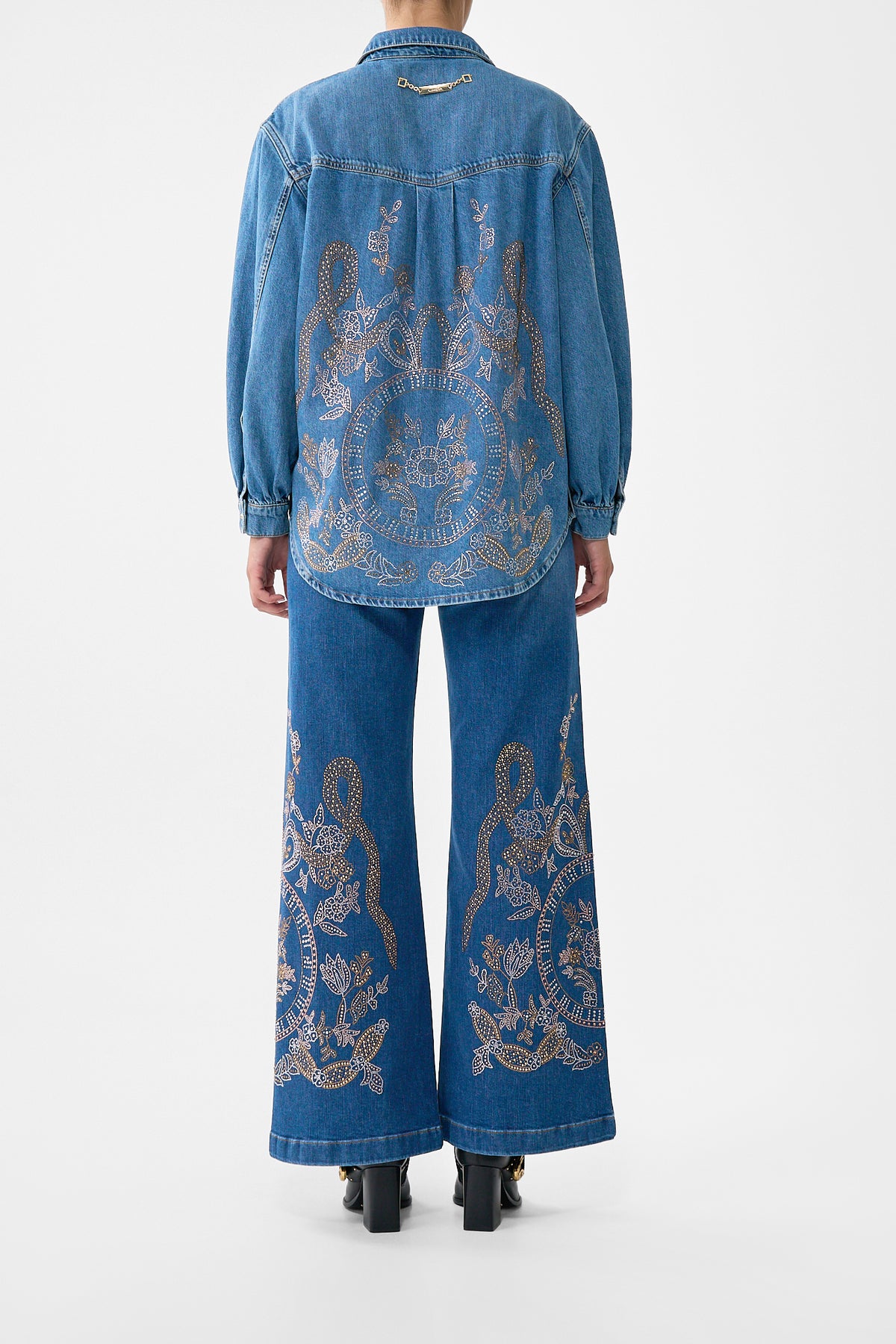 The CAMILLA Lalita Ace Of Lace Long Line Shirt in our Denim print.