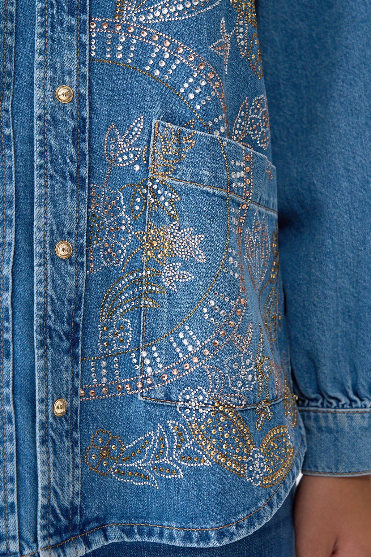 The CAMILLA Lalita Ace Of Lace Long Line Shirt in our Denim print.