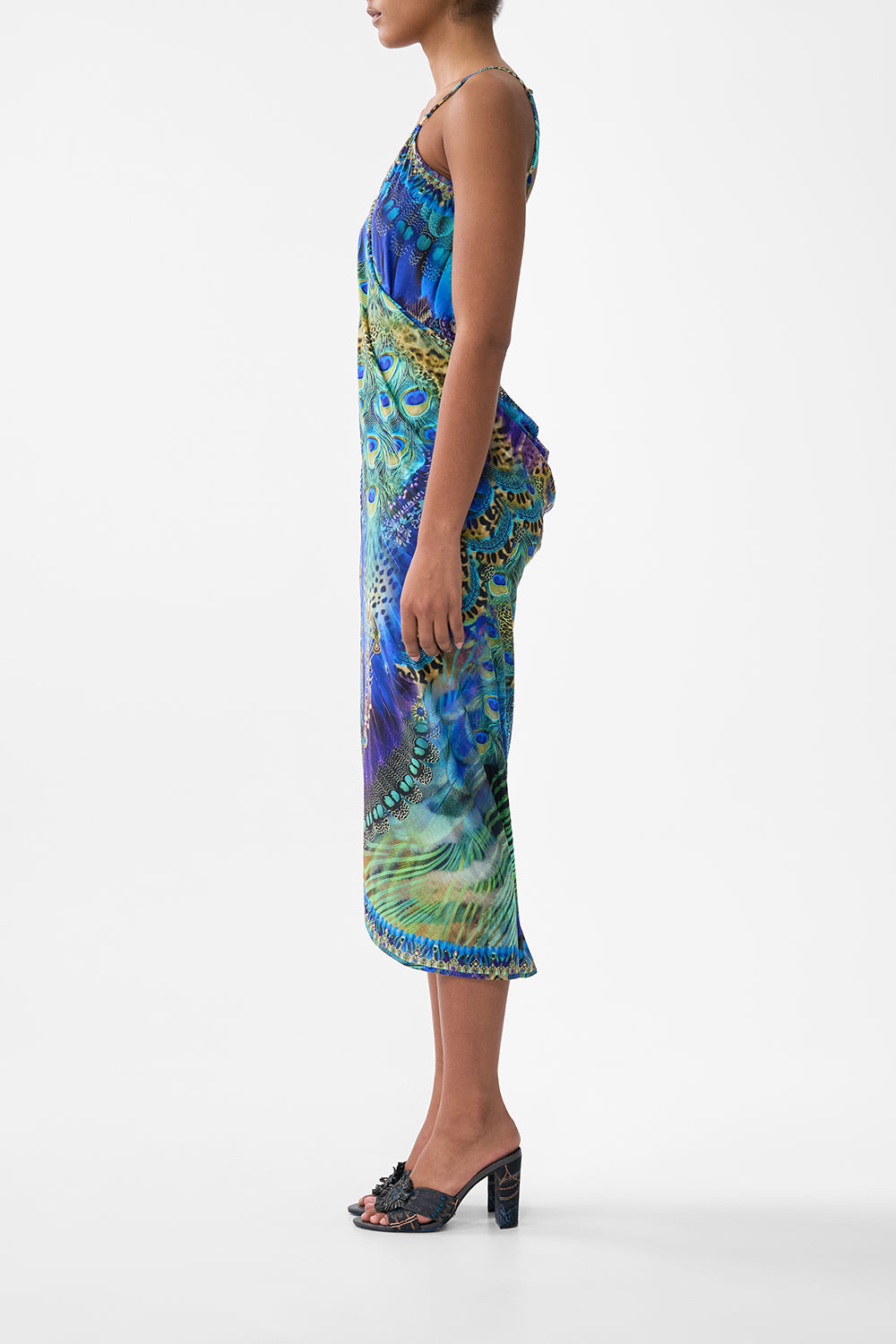 WRAP FRONT BACKLESS BEACH MIDI DRESS WITH TRIMS COSMIC ZOOLOGY