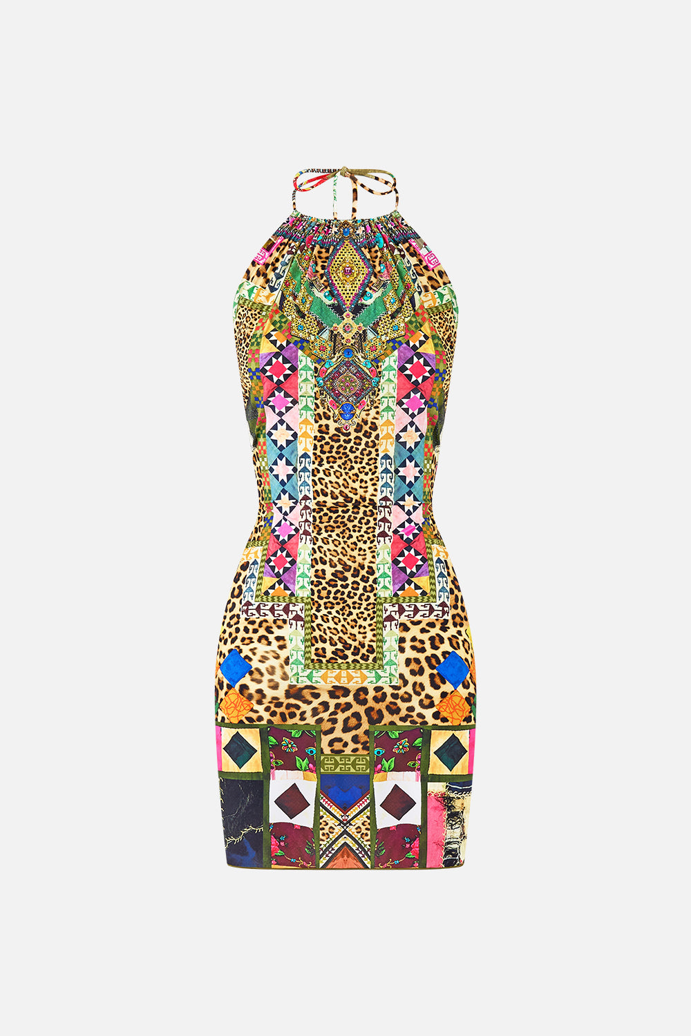 HALTER BEACH MINI DRESS W CUT OUT WAIST TRIM EMBROIDERED EVER AFTER