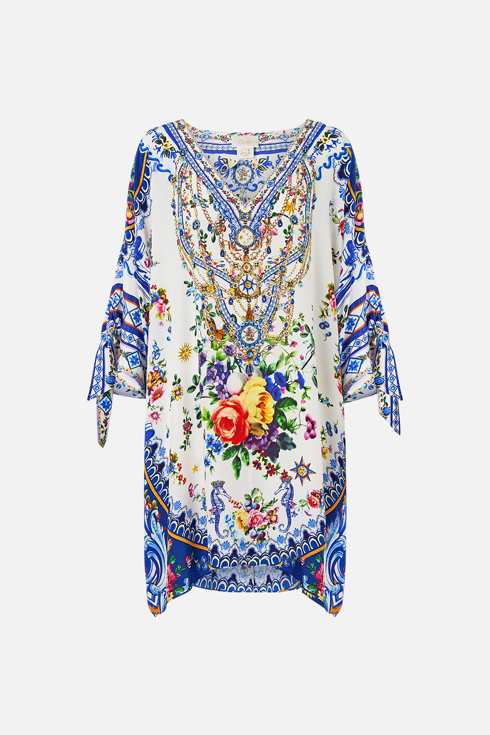 The CAMILLA Tie Sleeve Short V Neck Kaftan in our Tiles Darls print.