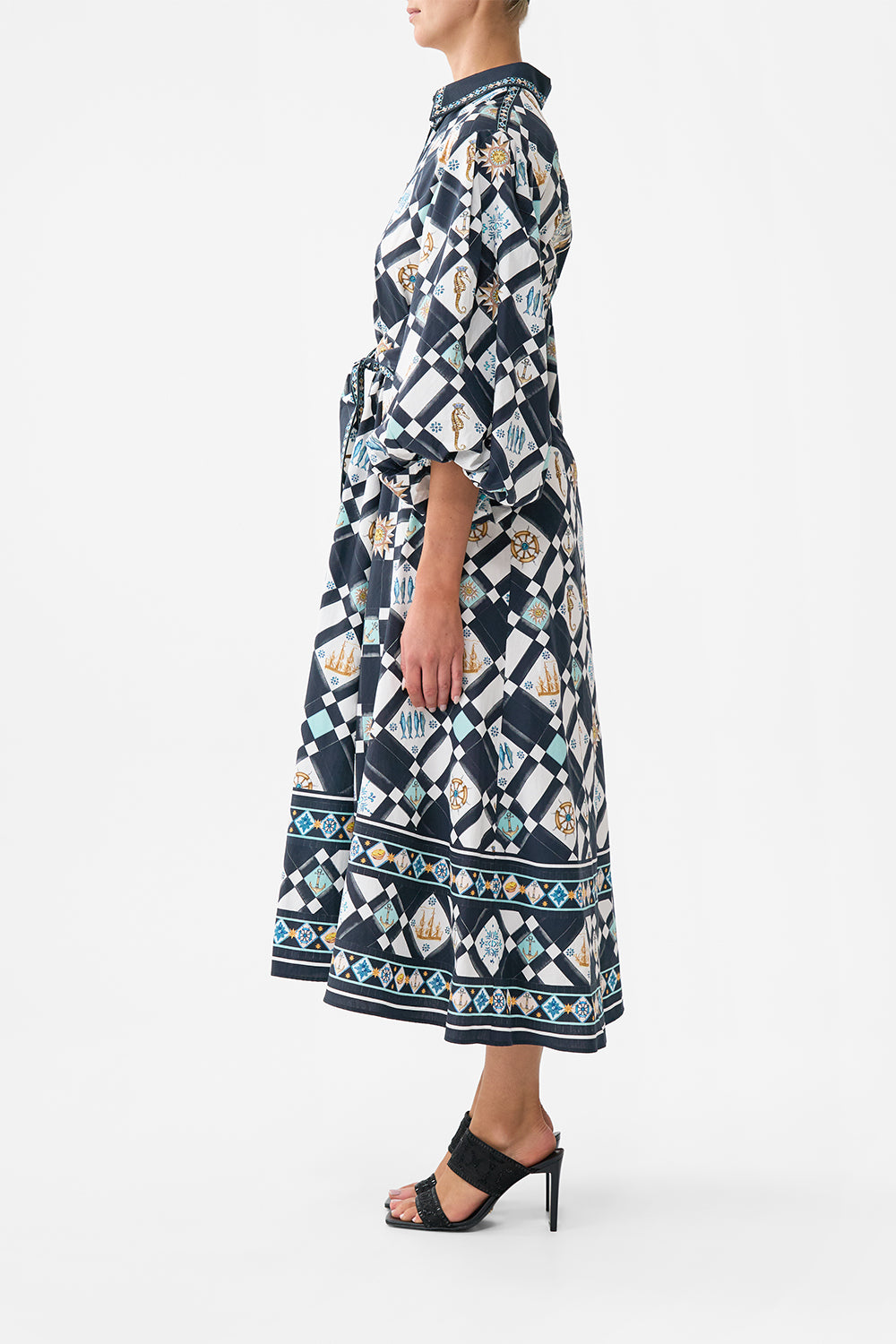The CAMILLA Waist Tie Shirt Dress With Bubble Sleeve in our Folk Afloat print.