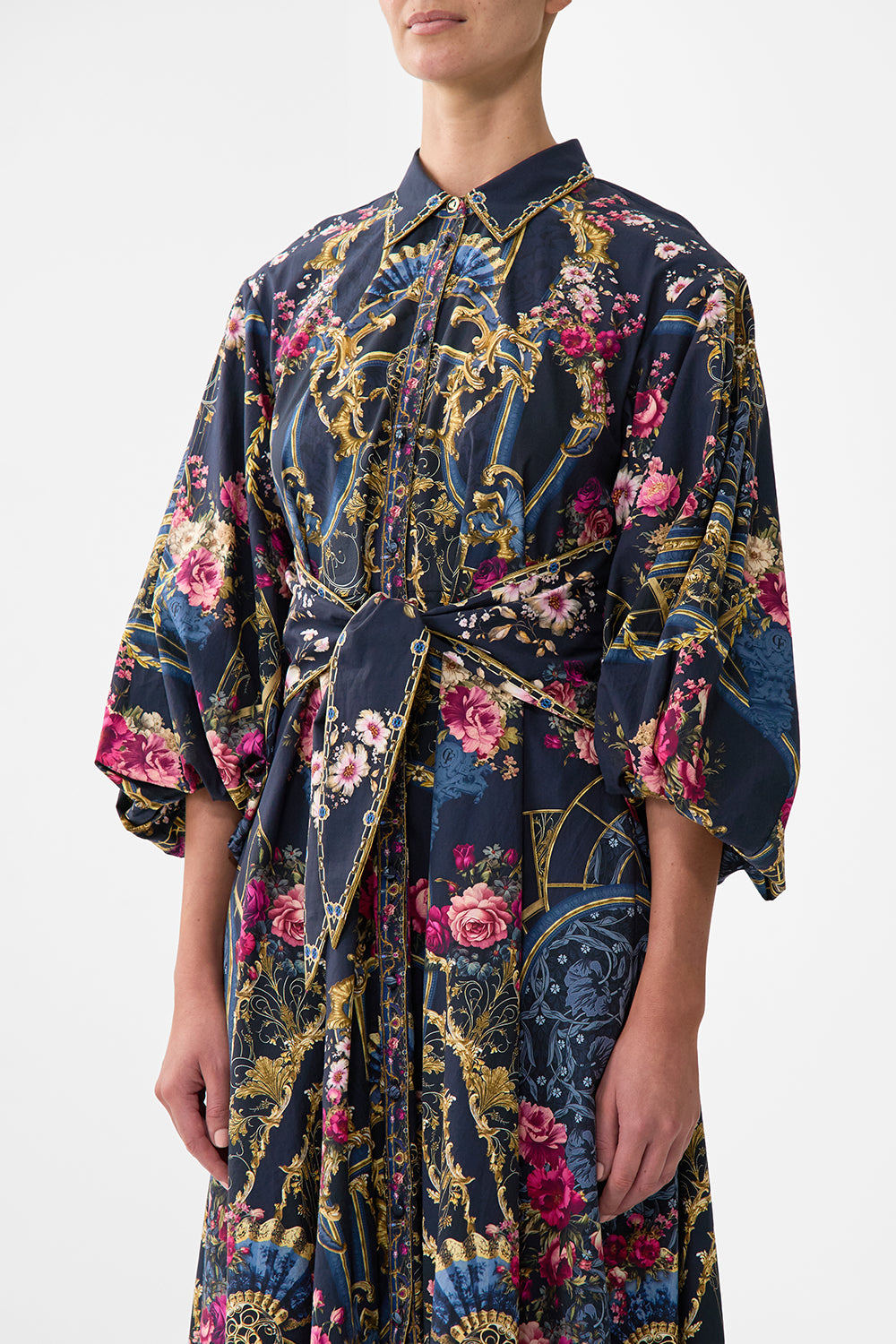 The CAMILLA Waist Tie Shirt Dress With Bubble Sleeve in our Ornate On A Plate print.
