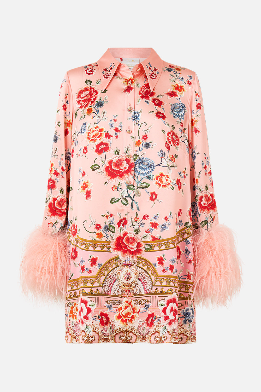 The CAMILLA Mini Shirt Dress With Feathers in our Majestic Milla print.