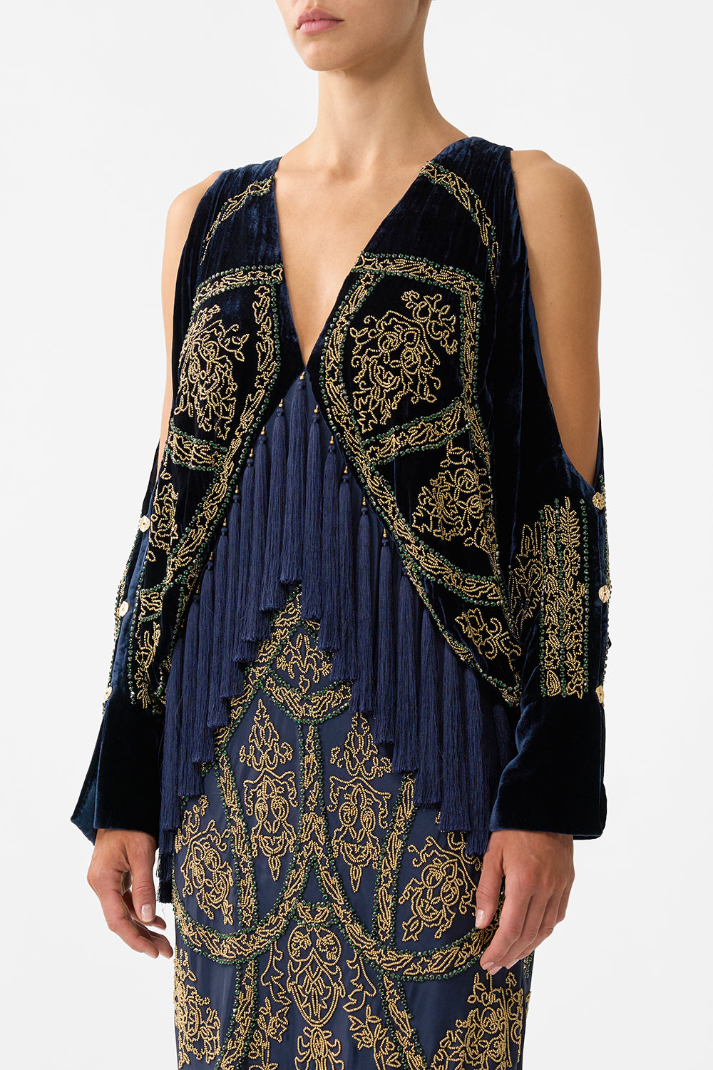 PLUNGE NECK DRAPED SHOULDER DRESS THE IMPERIAL GATE