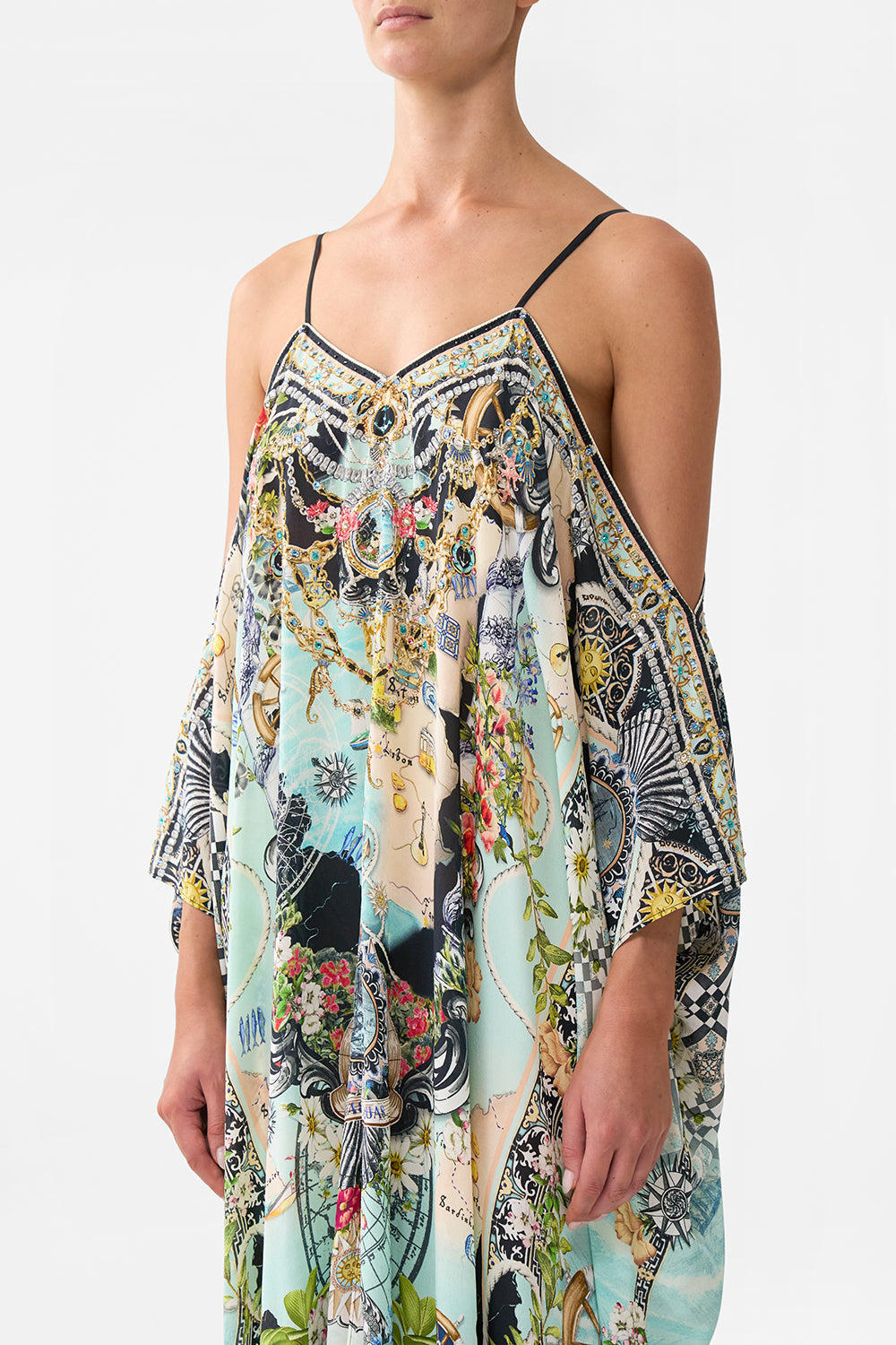 The CAMILLA Drop Shoulder Strap Kaftan in our Folk Afloat print.