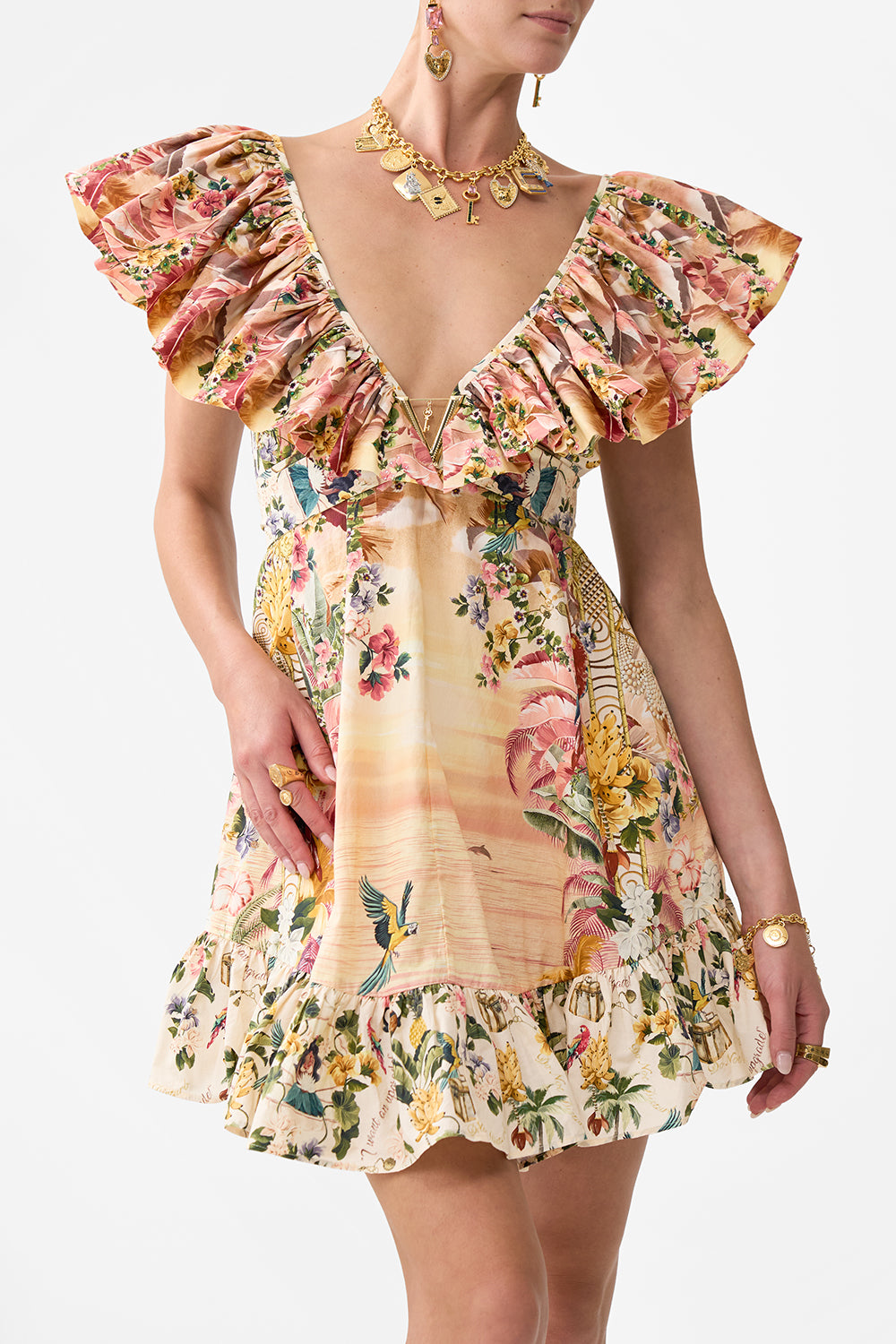 SHORT FRILL NECK DRESS WITH HARDWARE WELCOME TO THE WHITE LOTUS