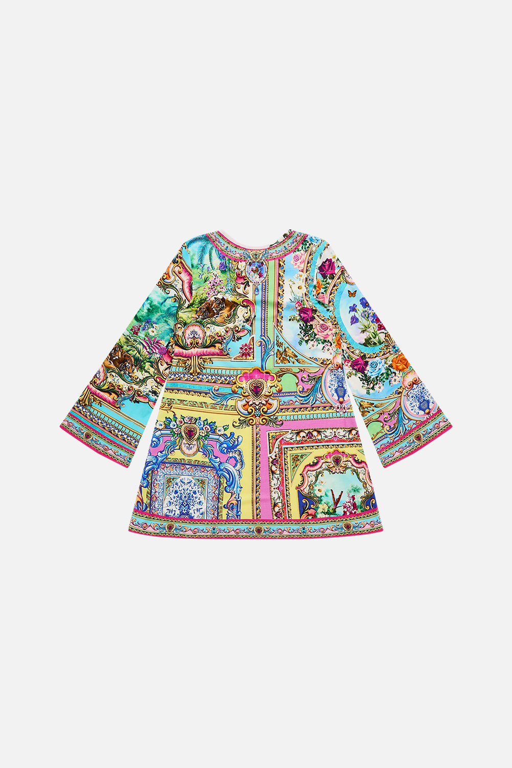 The CAMILLA Kids Flare Long Sleeve Tee Mini Dress 4-10 in our Spirit Of Santa Maria print.