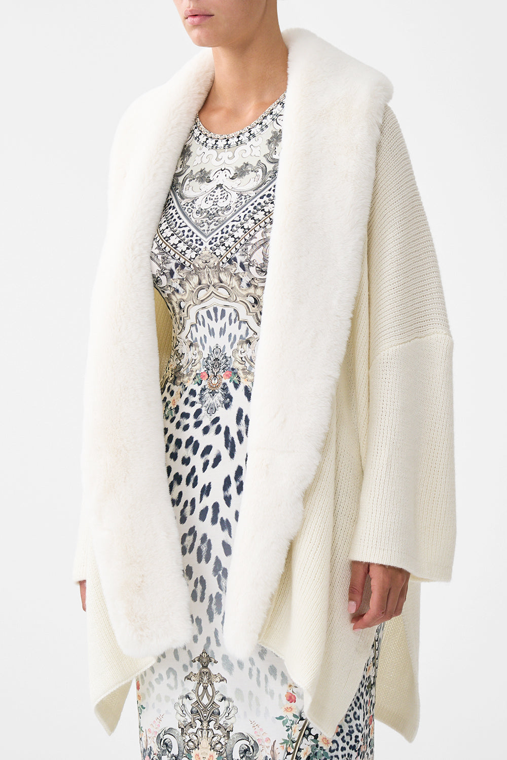 The CAMILLA Knit Relaxed Layer With Faux Fur in our Marble Heaven print.