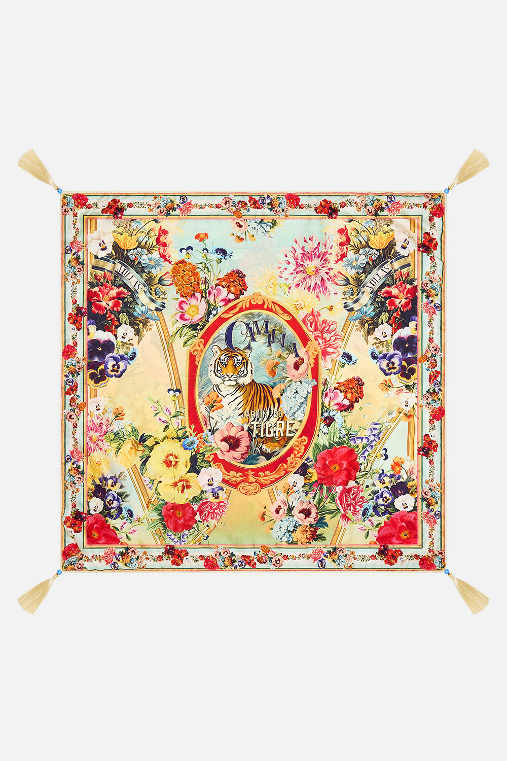 The CAMILLA Large Square Cushion in our Aromatic Tiger Flower print.