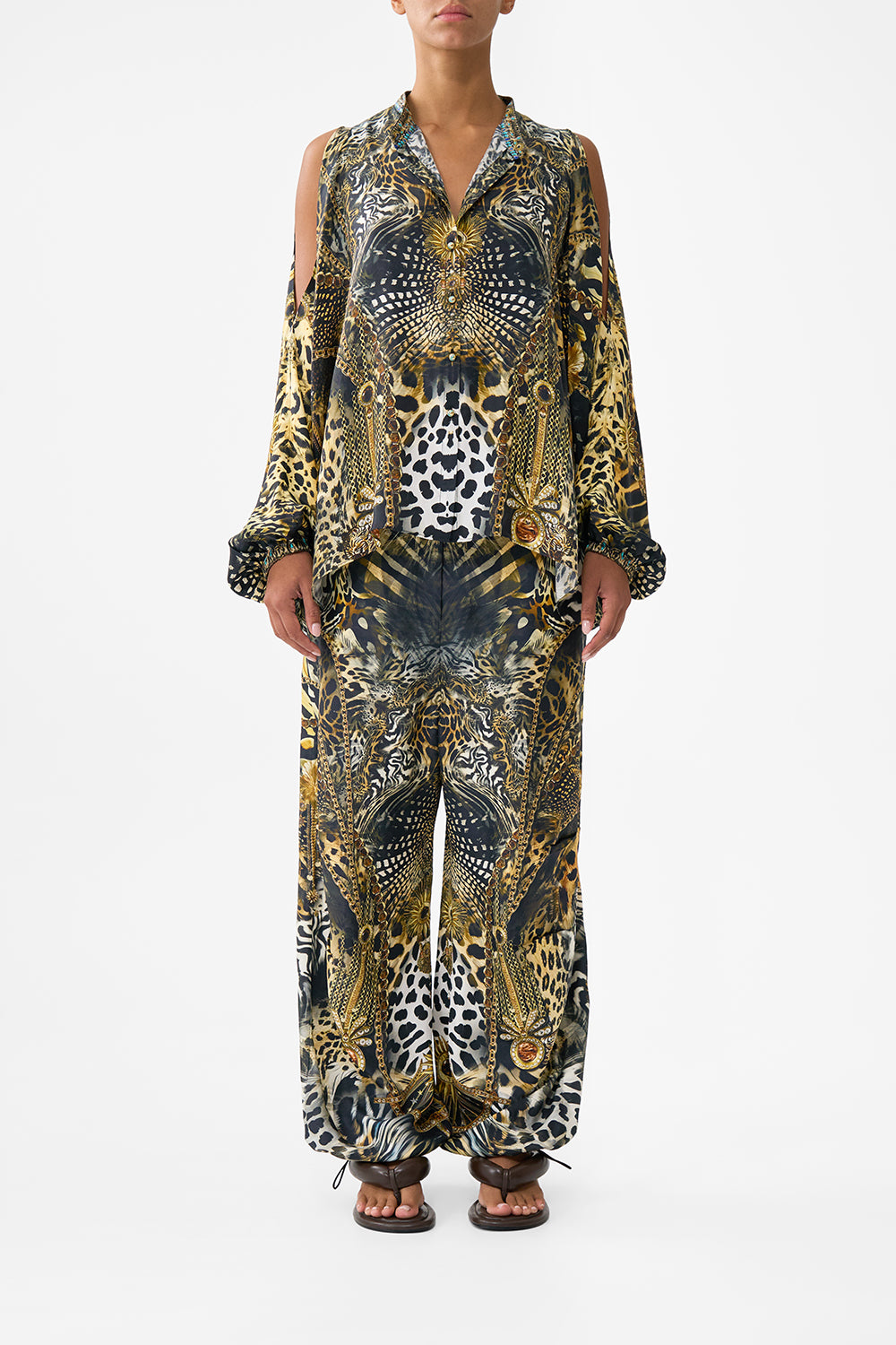 MANDARIN COLLAR COLD SHOULDER BLOUSE FELINE FOLKLORE