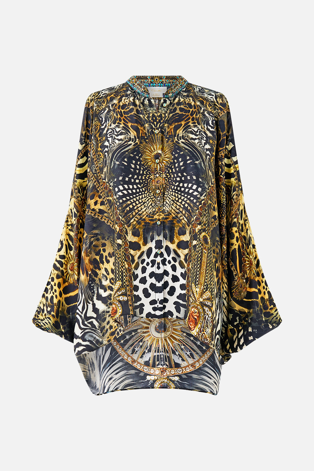 MANDARIN COLLAR COLD SHOULDER BLOUSE FELINE FOLKLORE