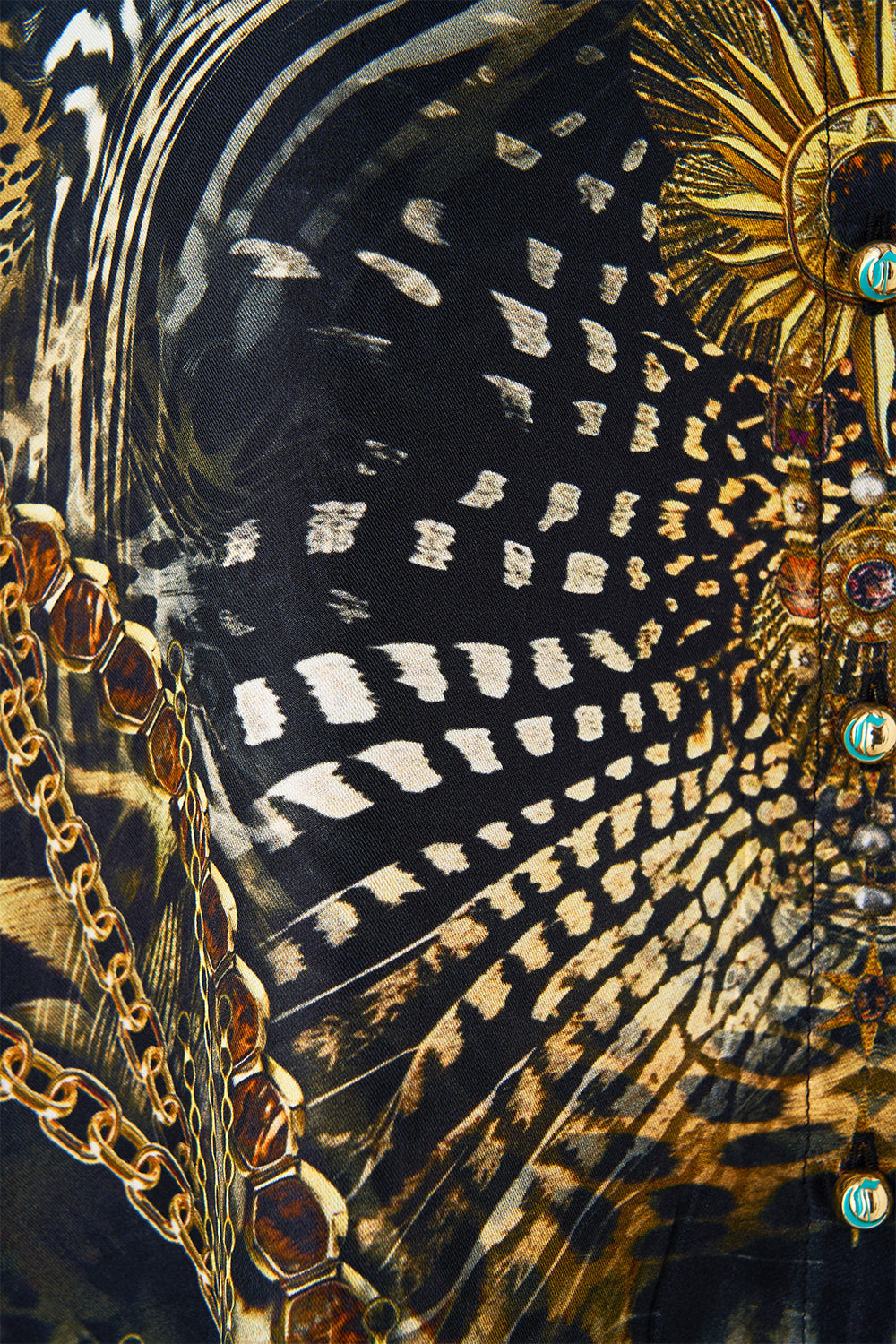 MANDARIN COLLAR COLD SHOULDER BLOUSE FELINE FOLKLORE