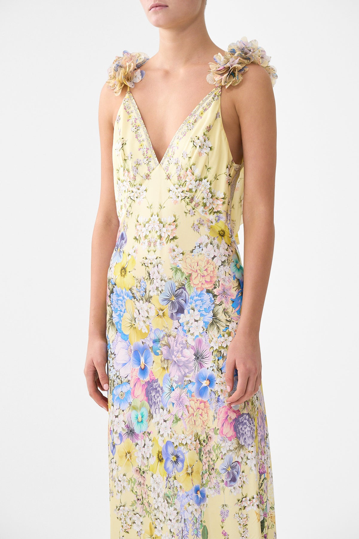 V NECK BIAS SLIP DRESS WITH BACK FRILL DARLING BUDS