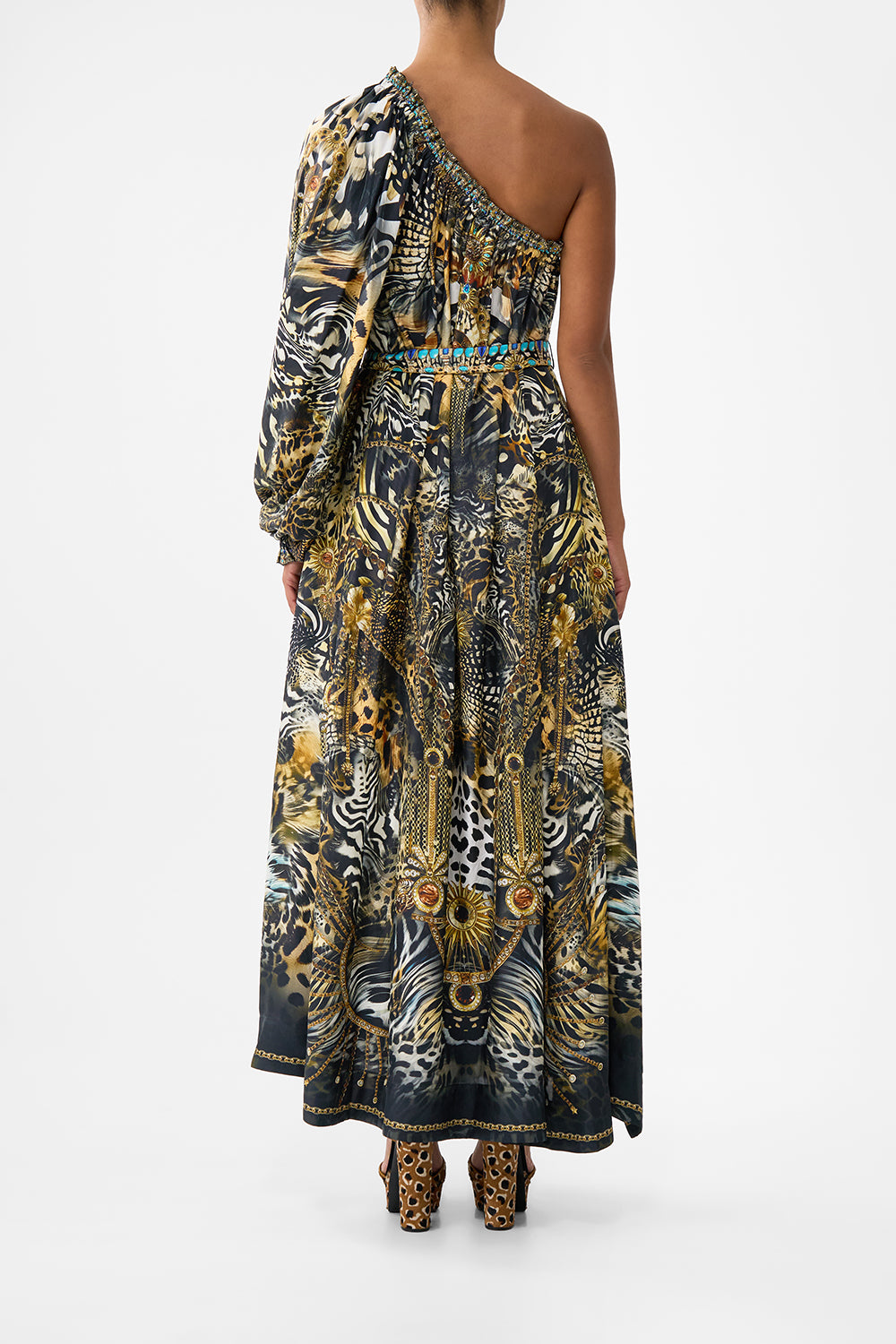 ONE SHOULDER DRESS WITH BLOUSON SLEEVE FELINE FOLKLORE