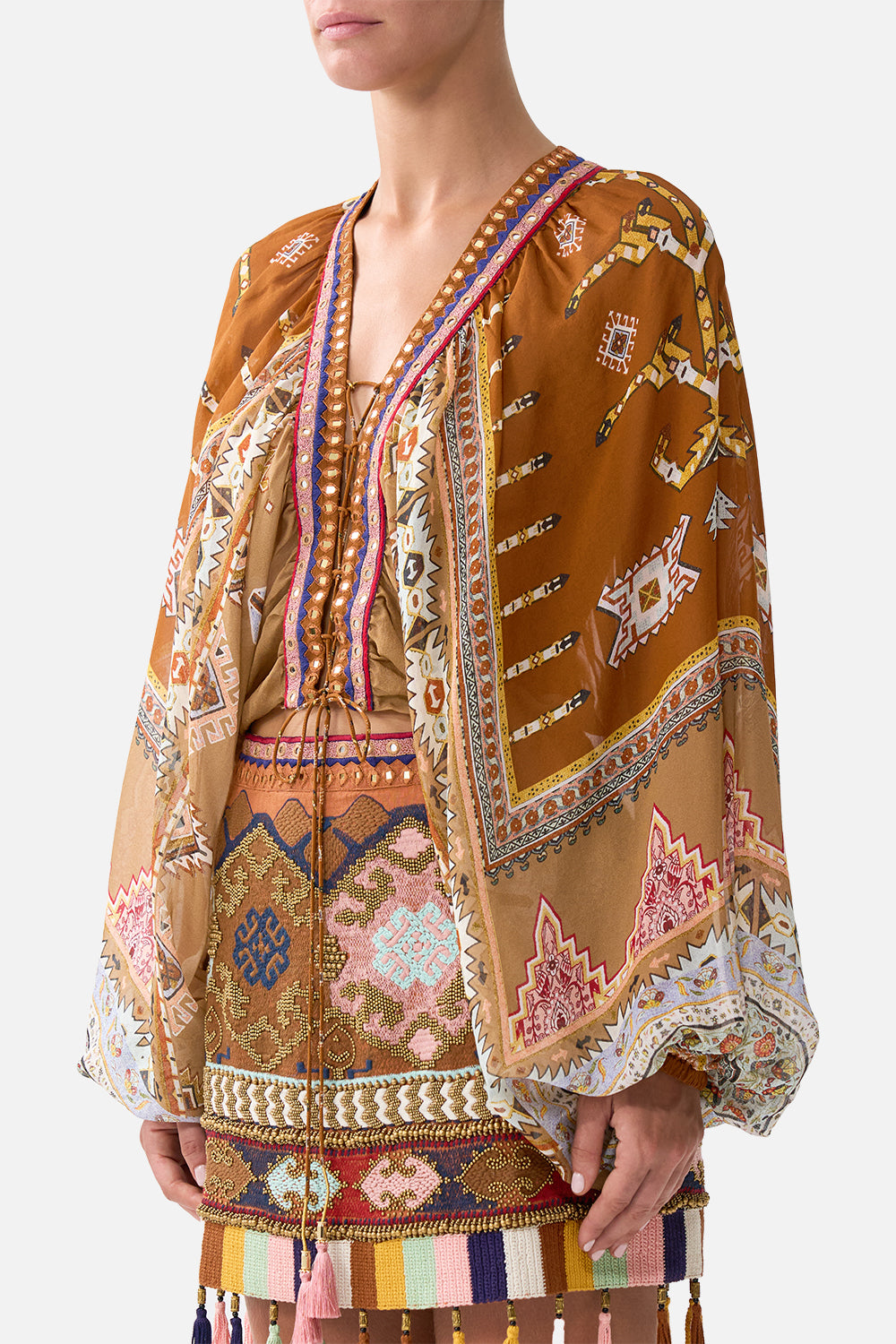 LACE UP FRONT BLOUSON SLEEVE BLOUSE FABRIC OF TIME