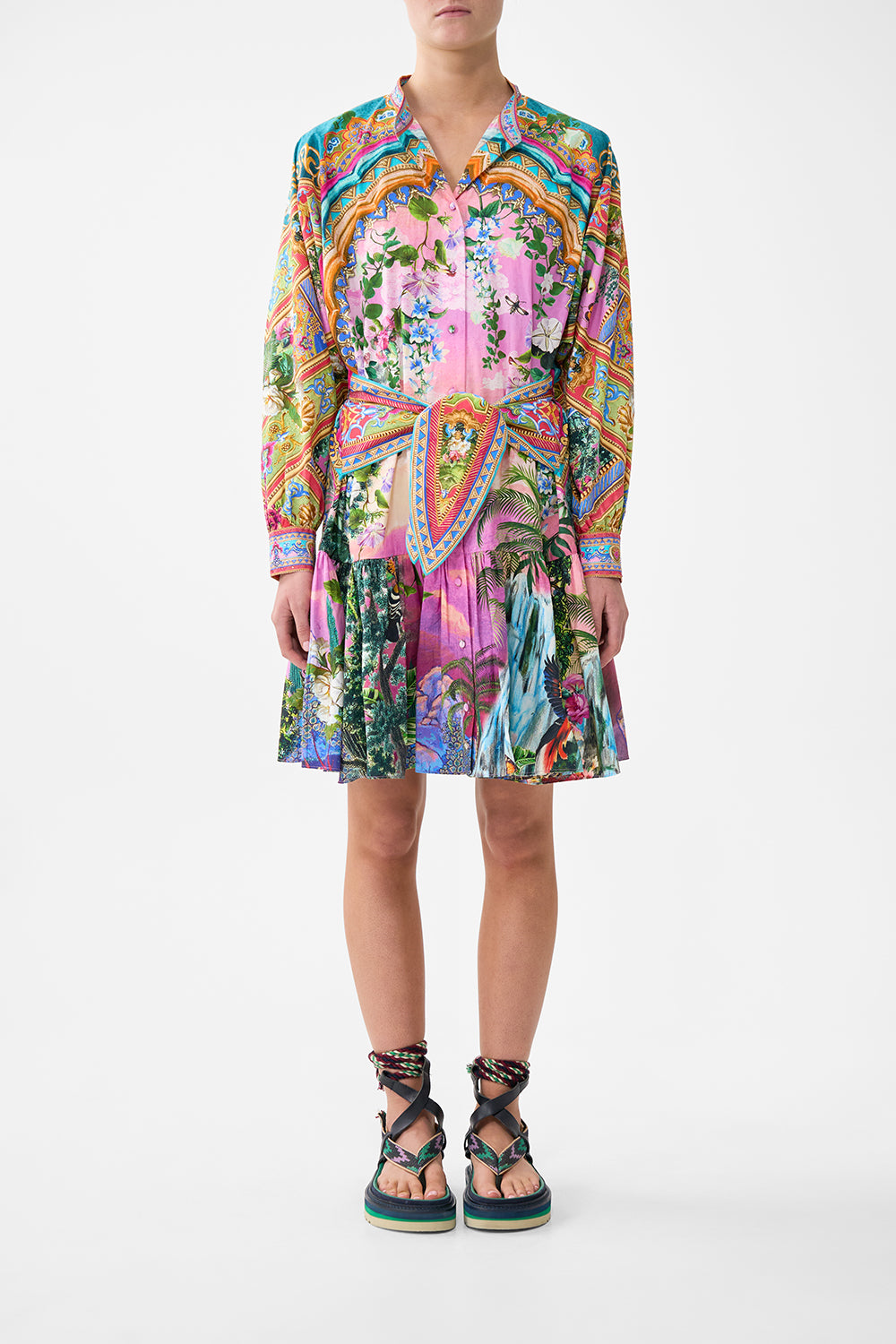 SHORT TIERED SHIRTDRESS WITH WIDE WAIST TIE TURKISH DELIGHT