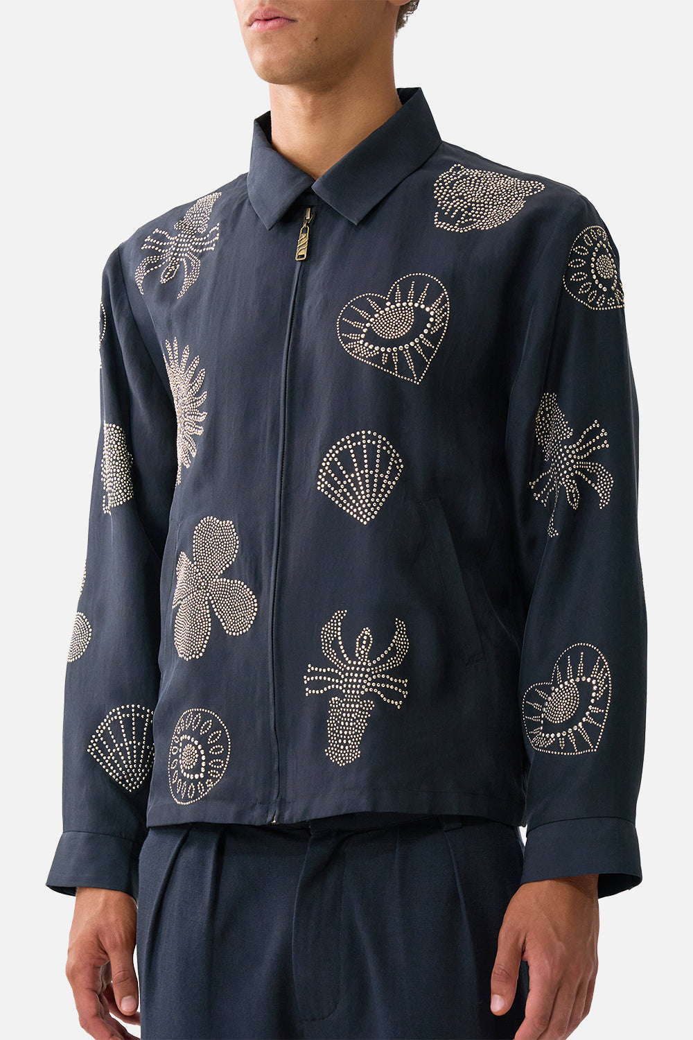 EMBELLISHED CROP ZIP THROUGH JACKET AMULETS AND ALCHEMY