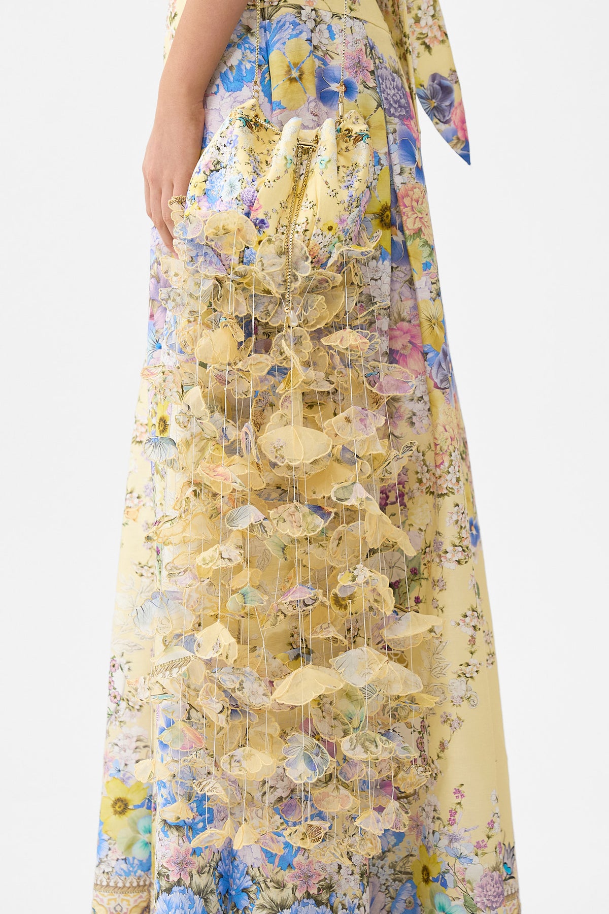 DRAWSTRING POUCH BAG WITH FLORAL FRINGE DARLING BUDS