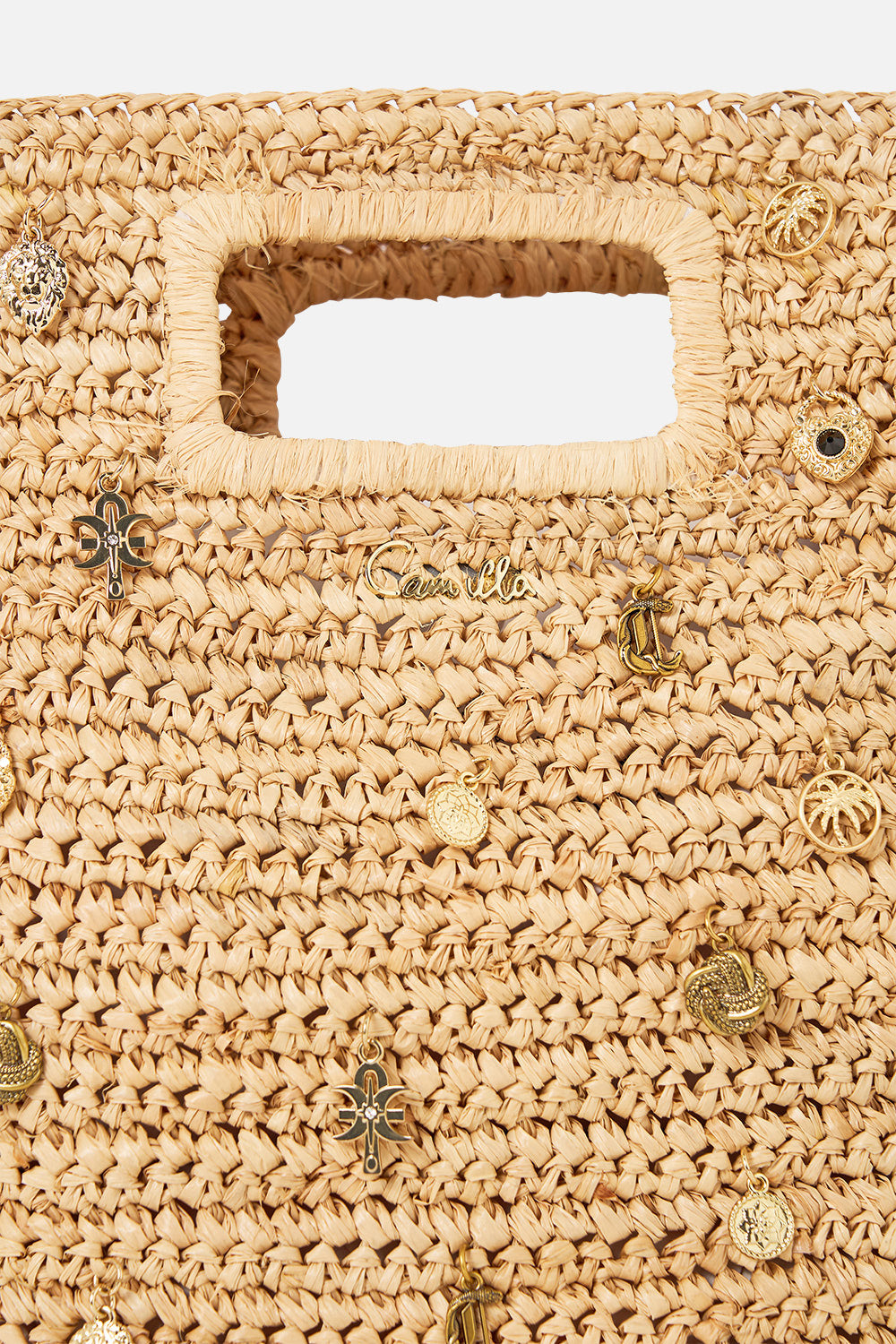 RAFFIA MINI NORTH SOUTH TOTE WITH CHARMS NATURAL