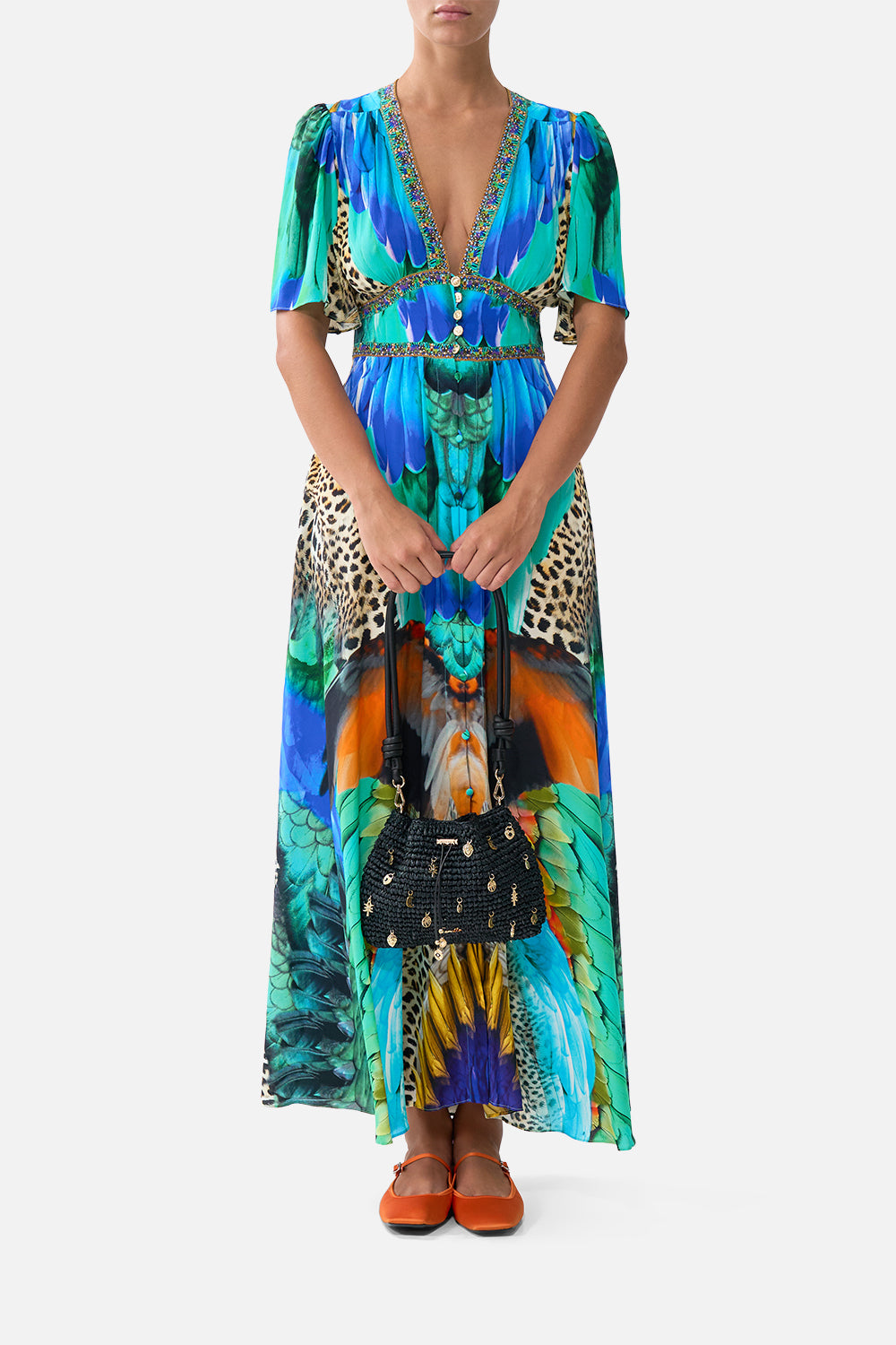 RAFFIA POUCH BAG WITH CHARMS SOLID BLACK