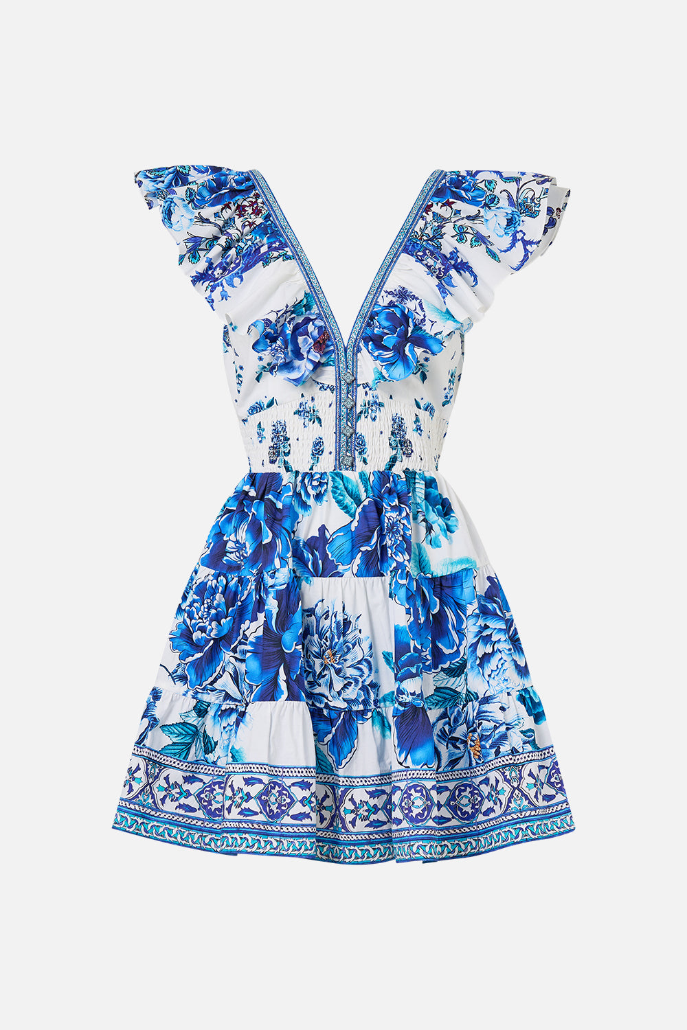 TIERED SHORT DRESS WITH NECK FRILL A CERAMIC GARDEN