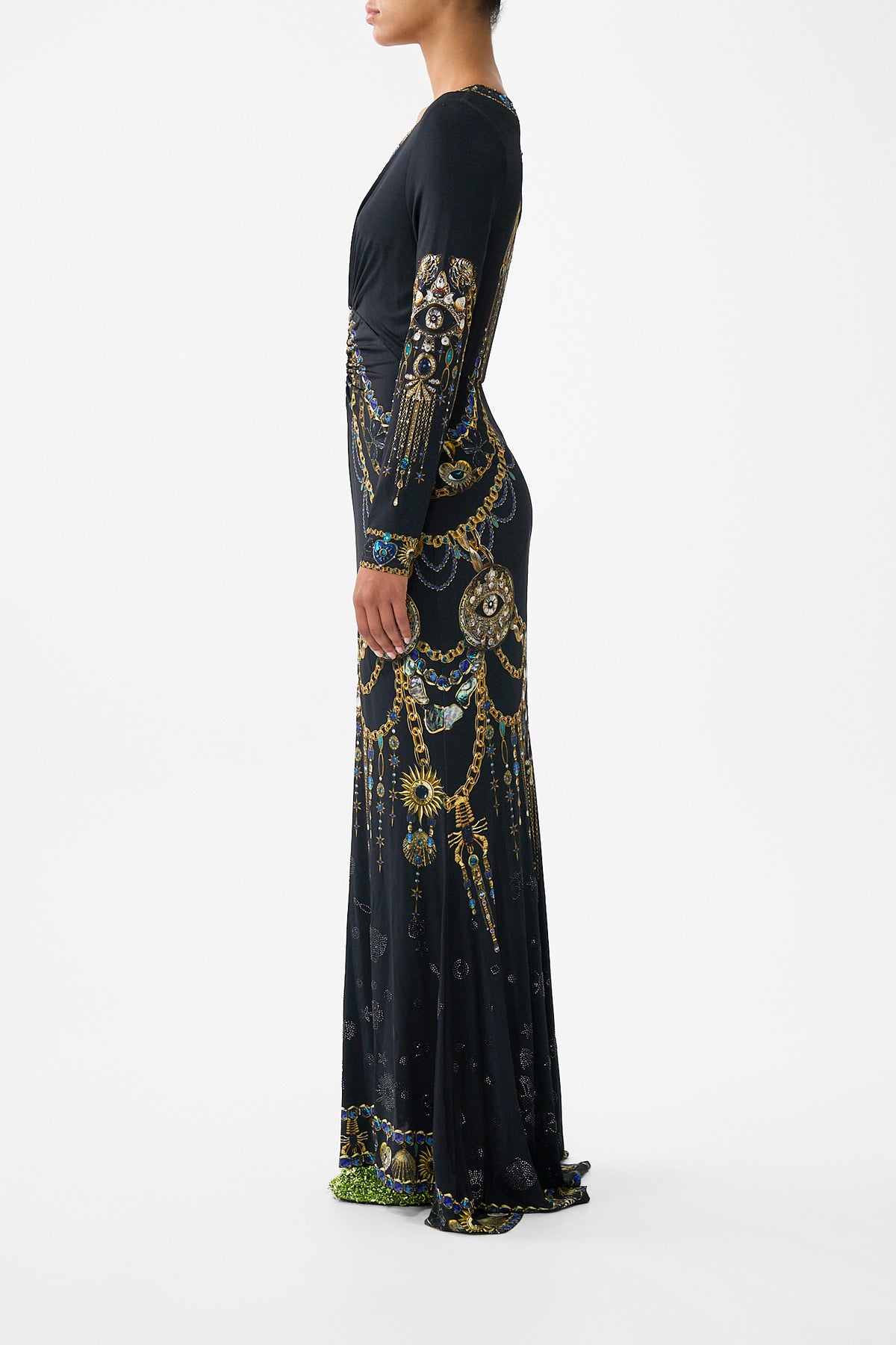 LONG SLEEVE GATHERED DRESS WITH TRAIN AMULETS AND ALCHEMY