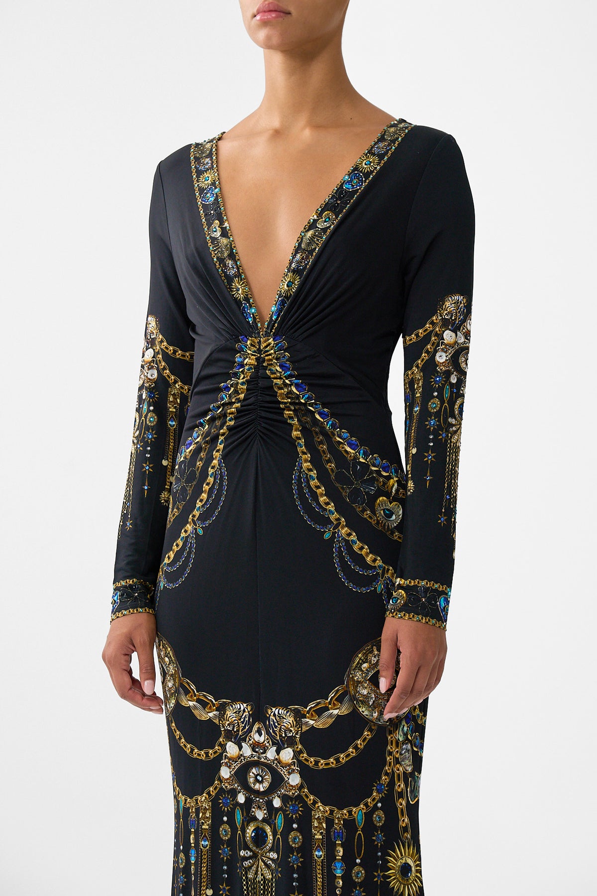 LONG SLEEVE GATHERED DRESS WITH TRAIN AMULETS AND ALCHEMY