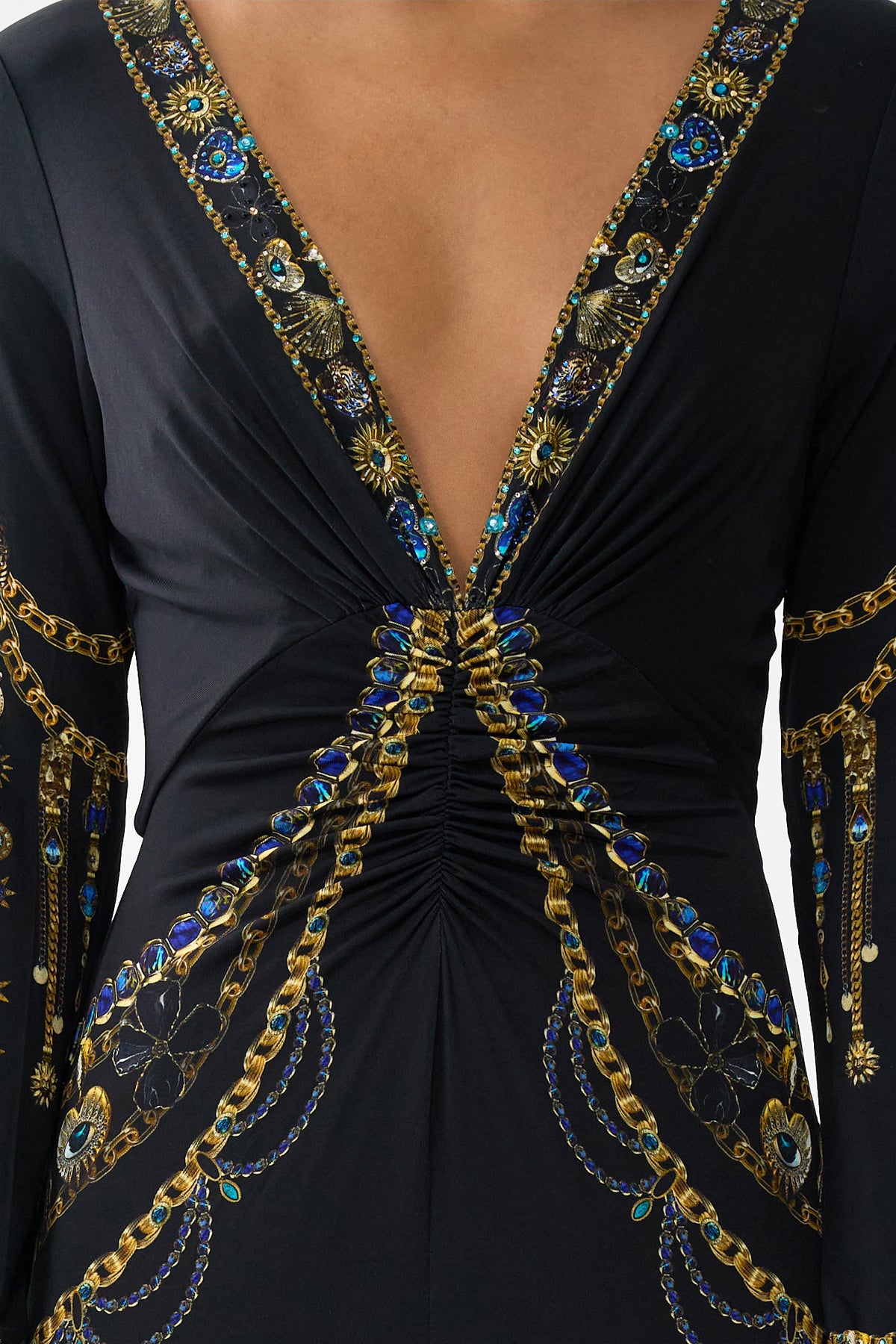 LONG SLEEVE GATHERED DRESS WITH TRAIN AMULETS AND ALCHEMY