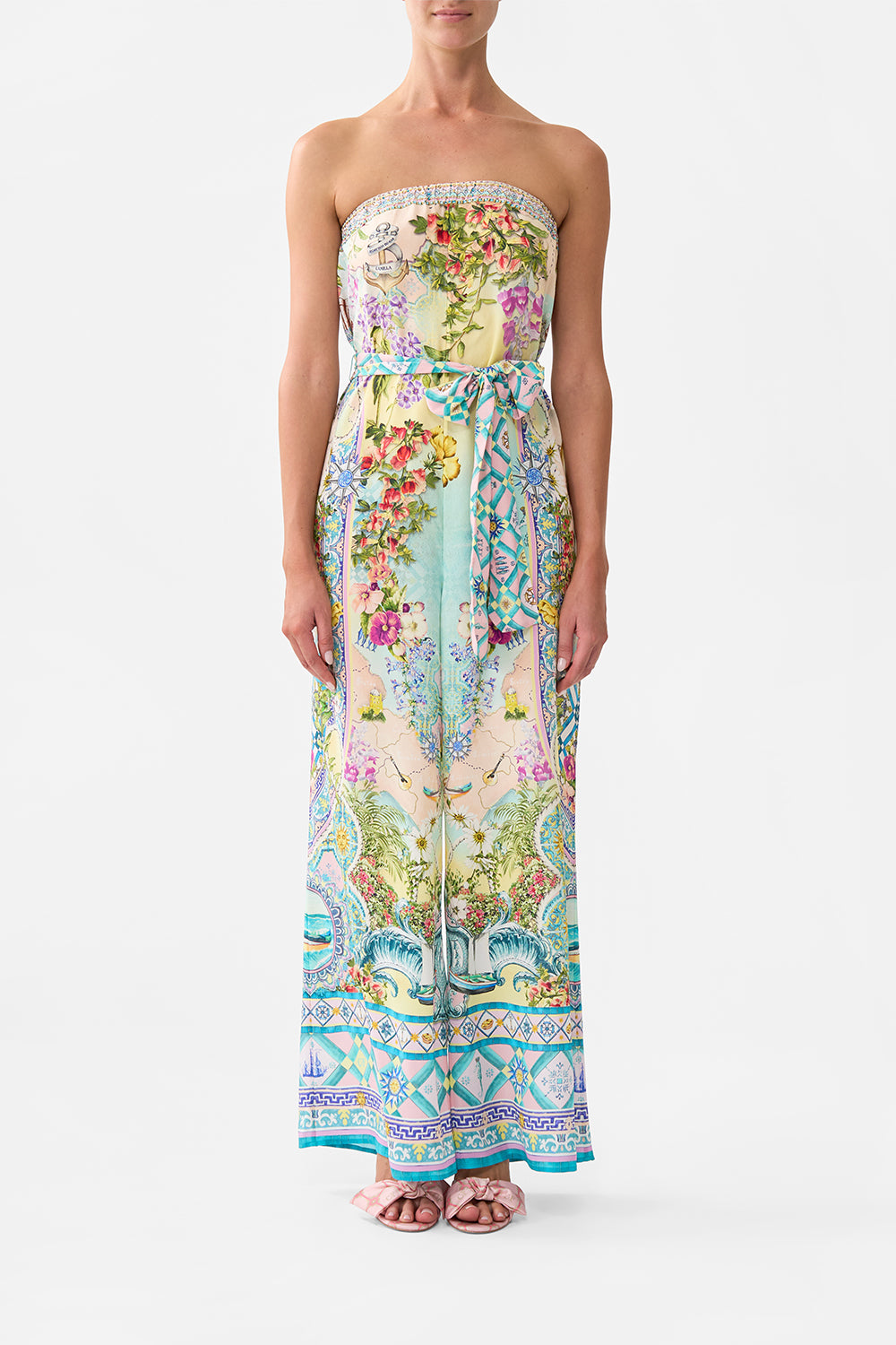 The CAMILLA Tie Waist Strapless Jumpsuit in our Just Coasting print.