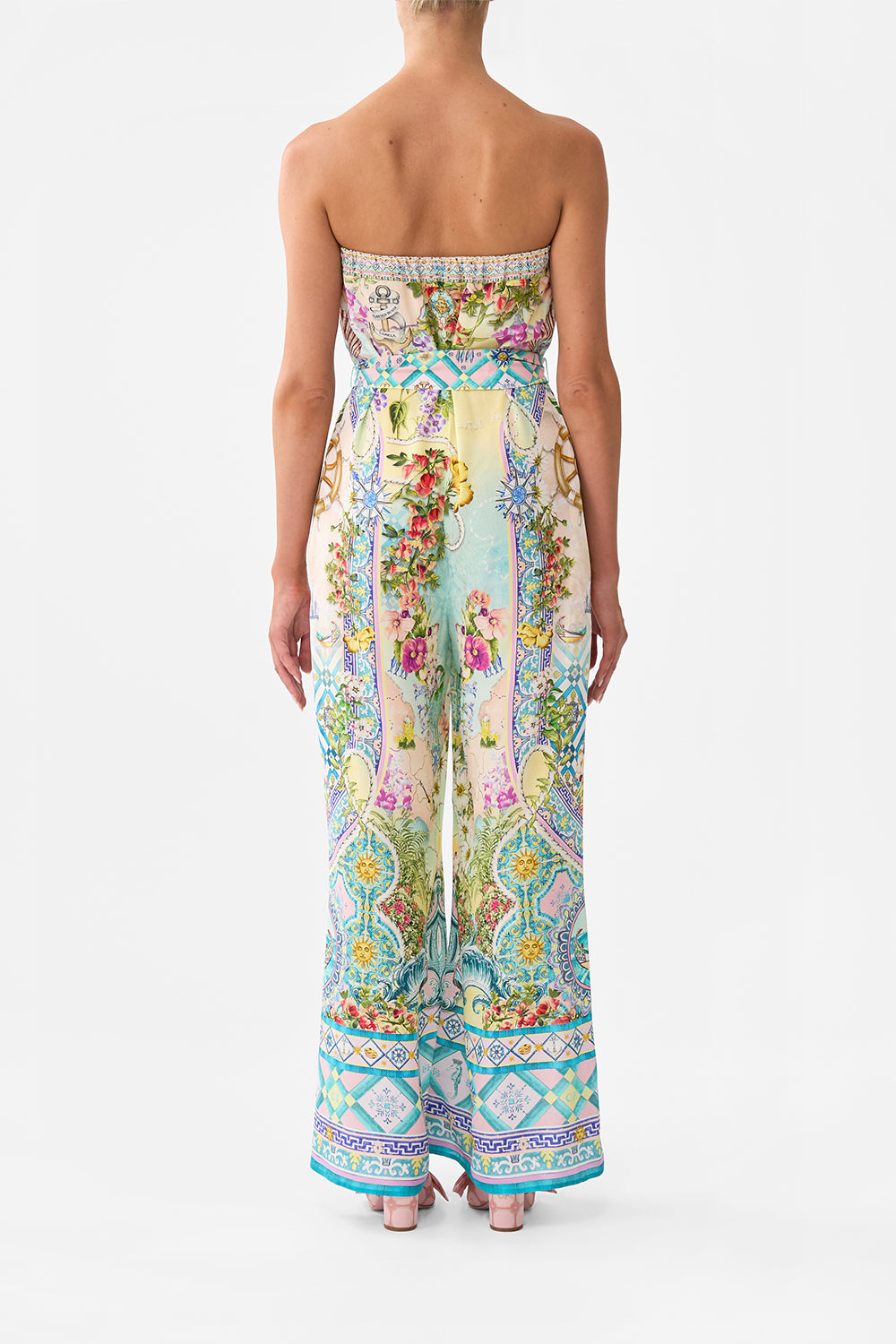 The CAMILLA Tie Waist Strapless Jumpsuit in our Just Coasting print.