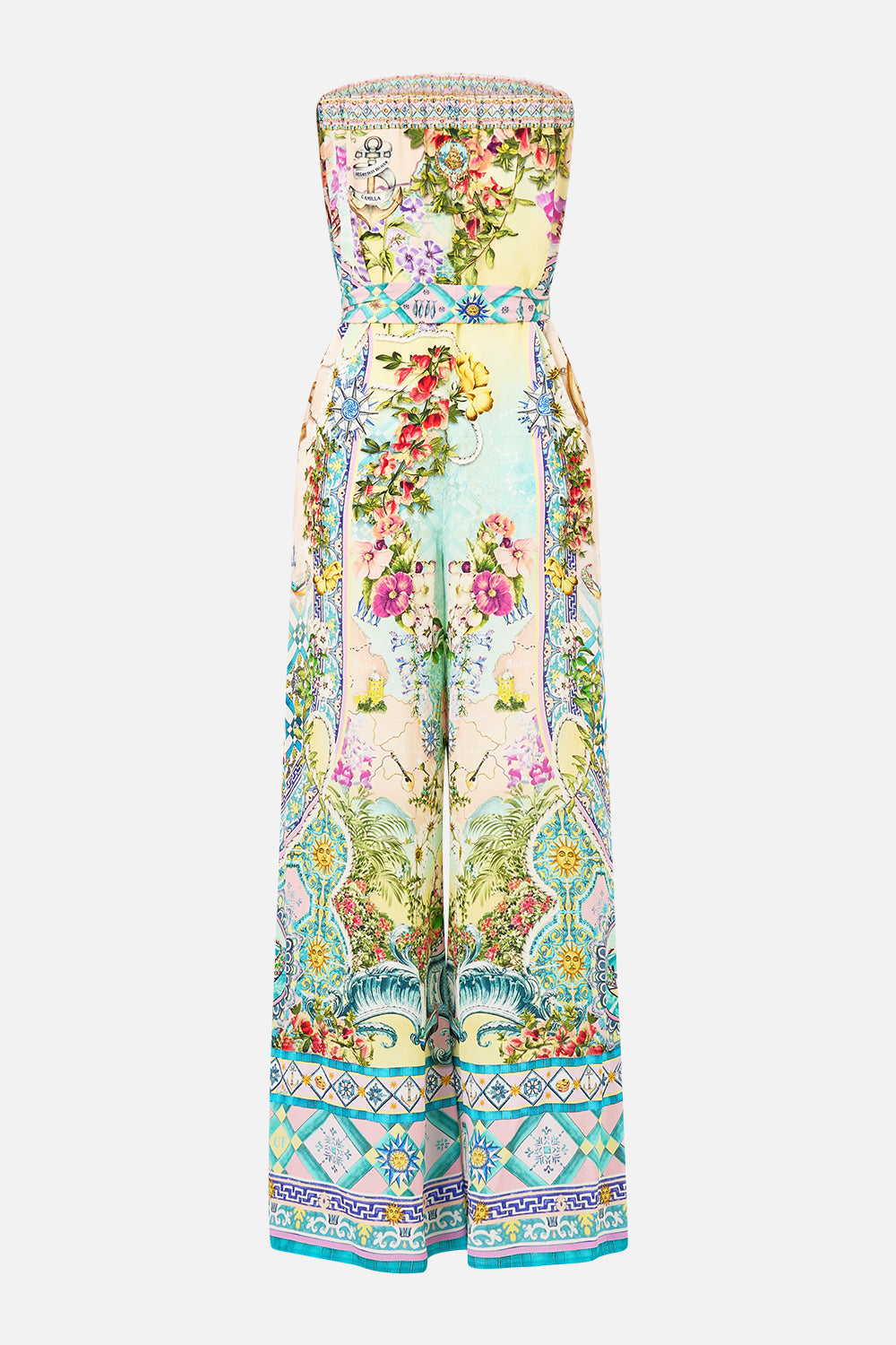 The CAMILLA Tie Waist Strapless Jumpsuit in our Just Coasting print.