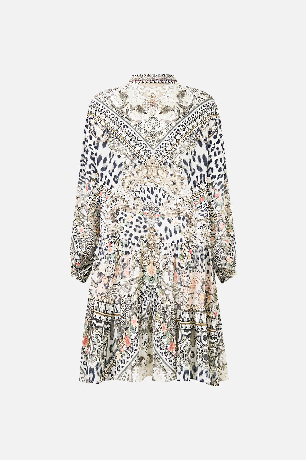 The CAMILLA Long Sleeve Tiered Short Dress in our Marble Heaven print.
