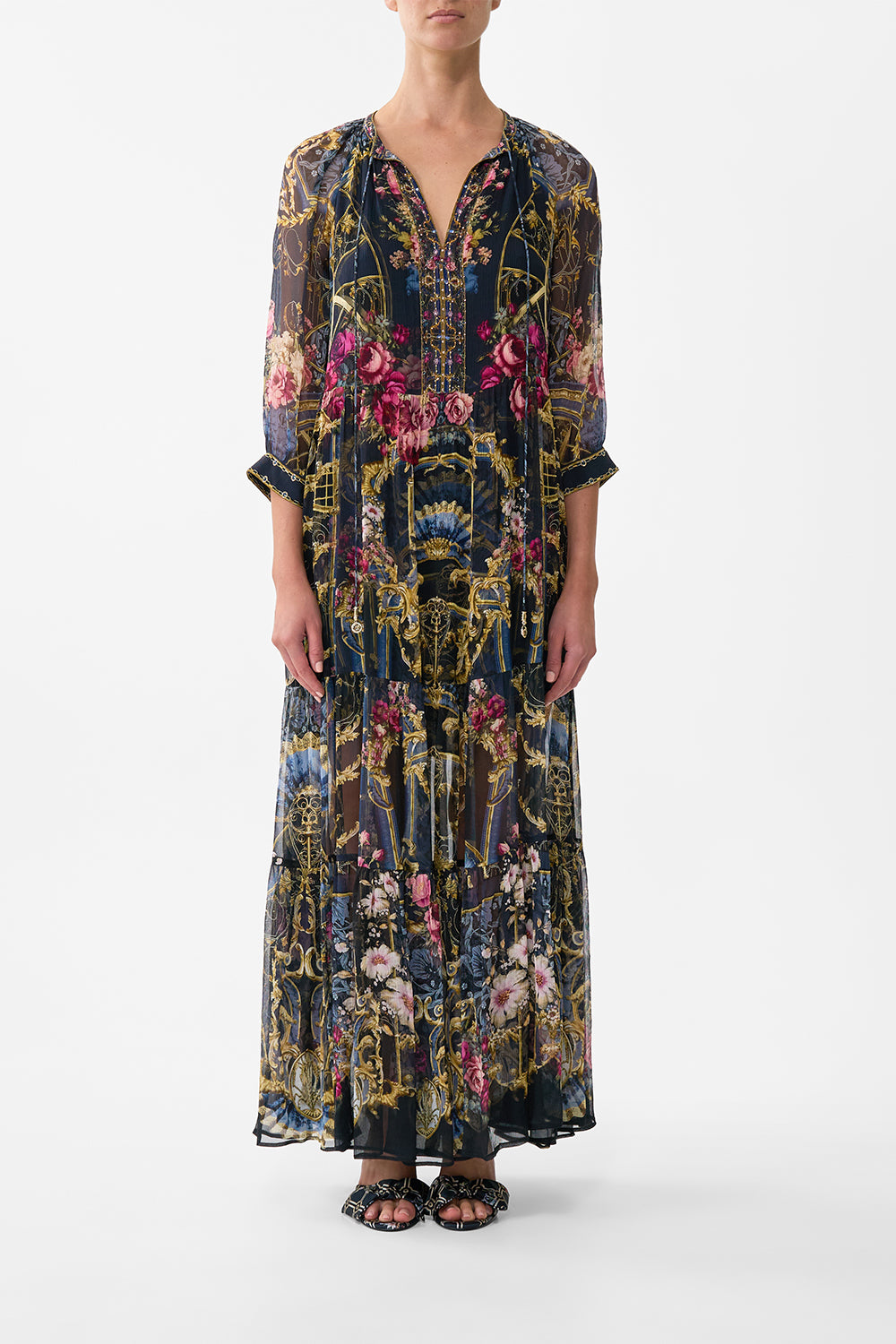 The CAMILLA Long Gathered Panel Dress in our Ornate On A Plate print.