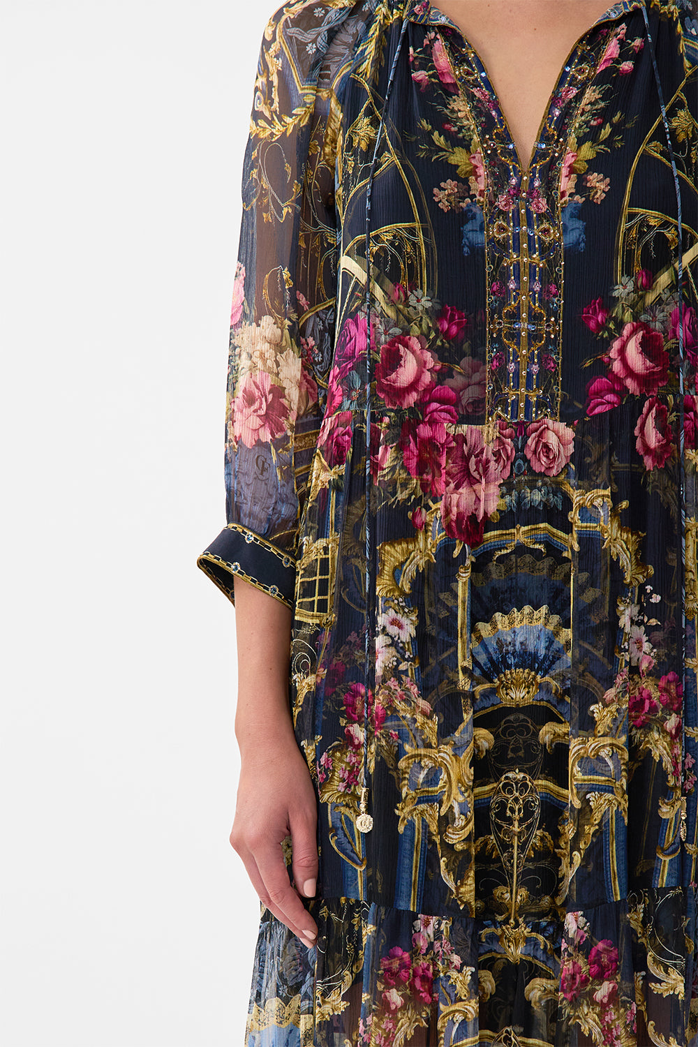 The CAMILLA Long Gathered Panel Dress in our Ornate On A Plate print.