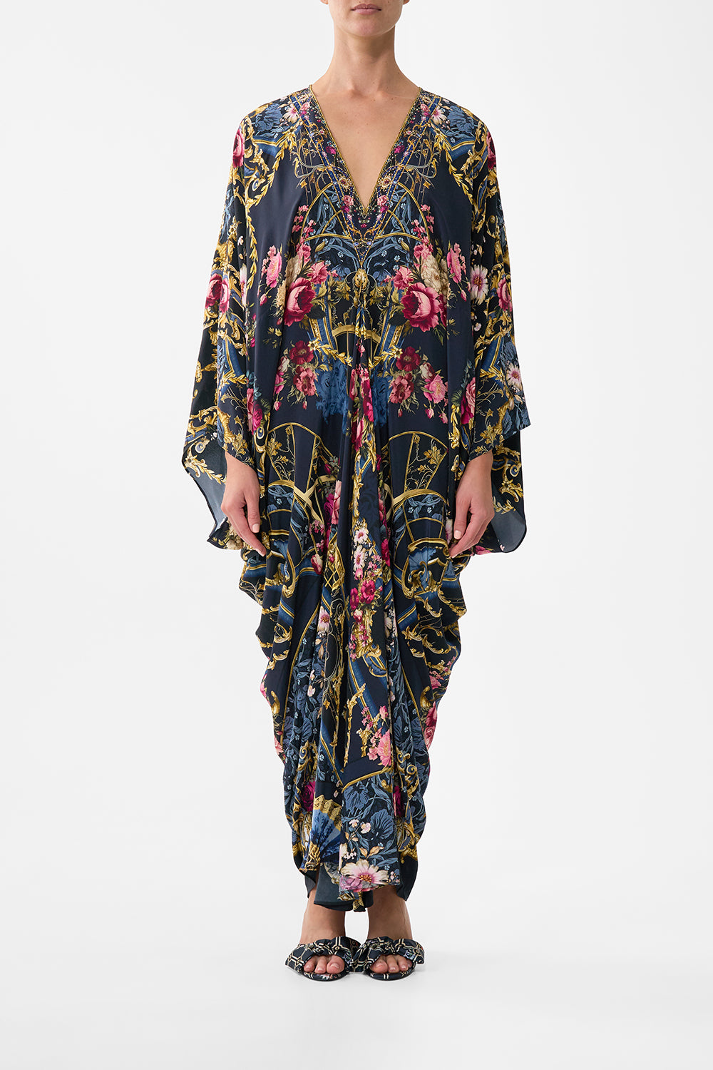 The CAMILLA T Shape Long Kaftan in our Ornate On A Plate print.