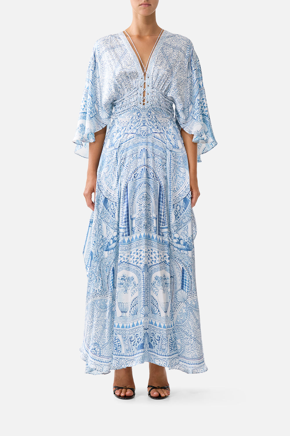 V NECK LACE UP DETAIL LONG DRESS THE HUM OF THE ALHAMBRA