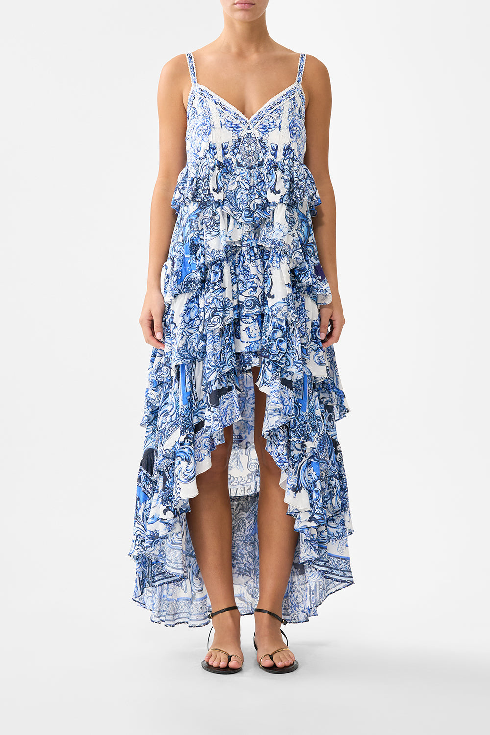 V NECK RUFFLE HIGH LOW DRESS A TILED WONDERLAND