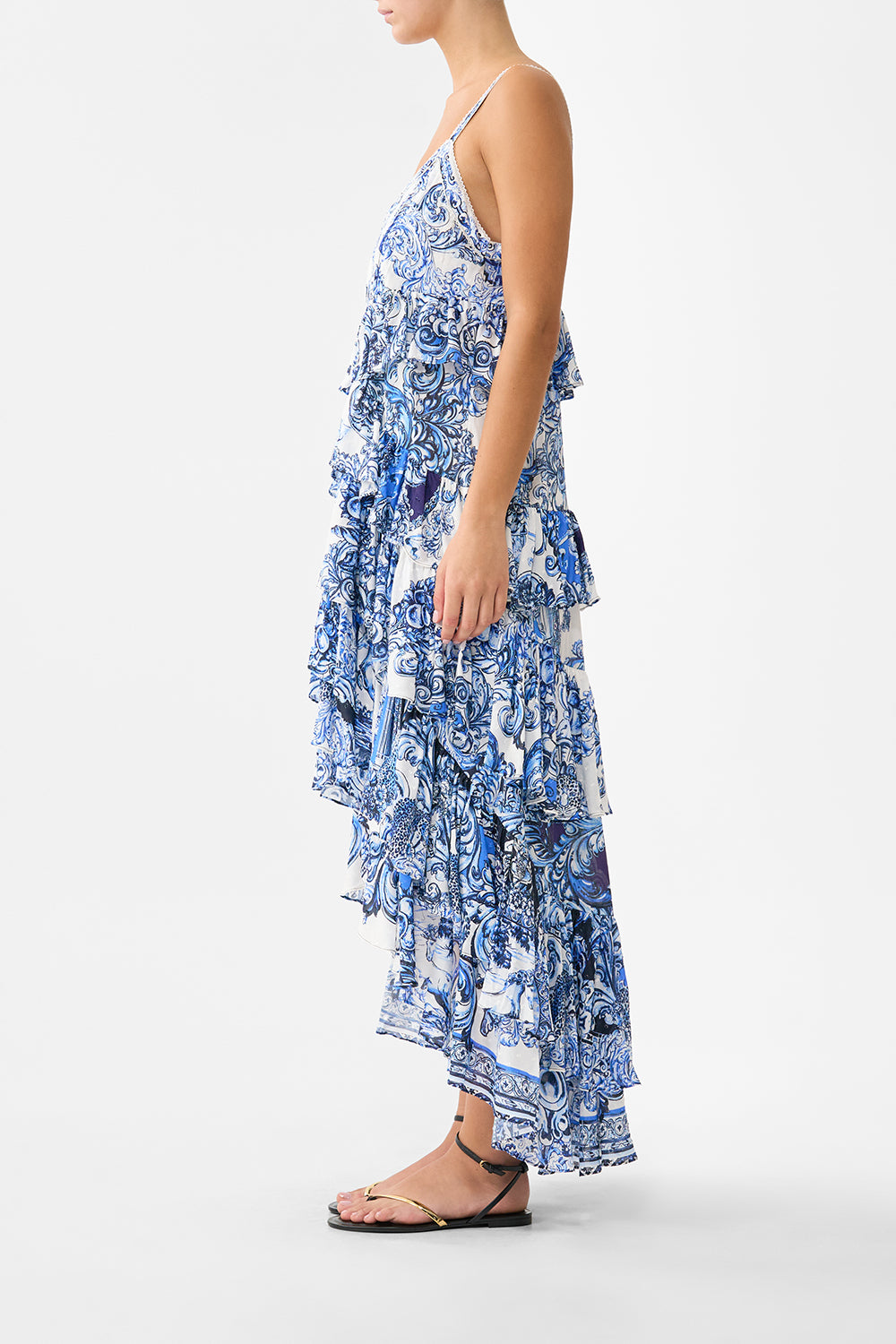 V NECK RUFFLE HIGH LOW DRESS A TILED WONDERLAND