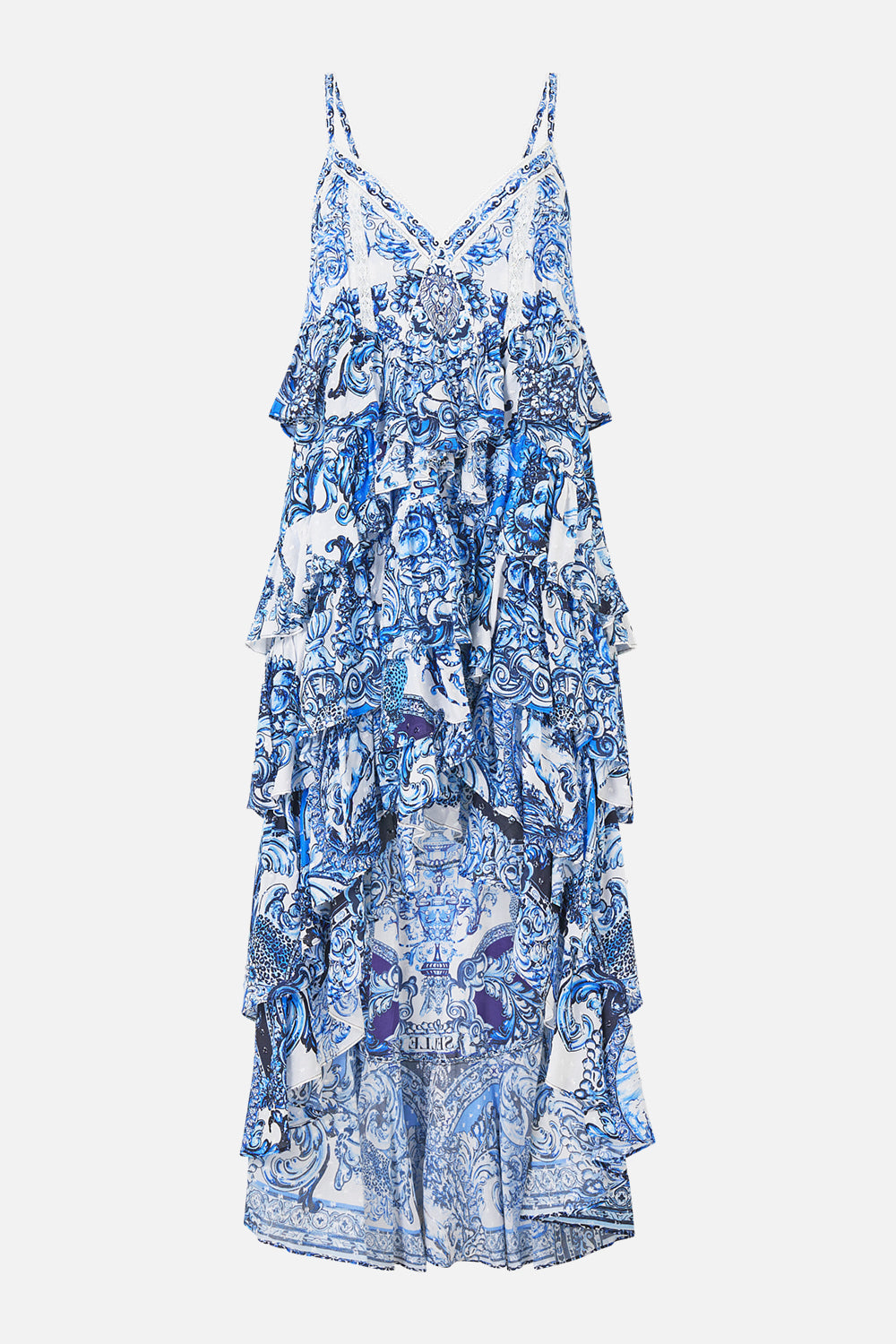 V NECK RUFFLE HIGH LOW DRESS A TILED WONDERLAND