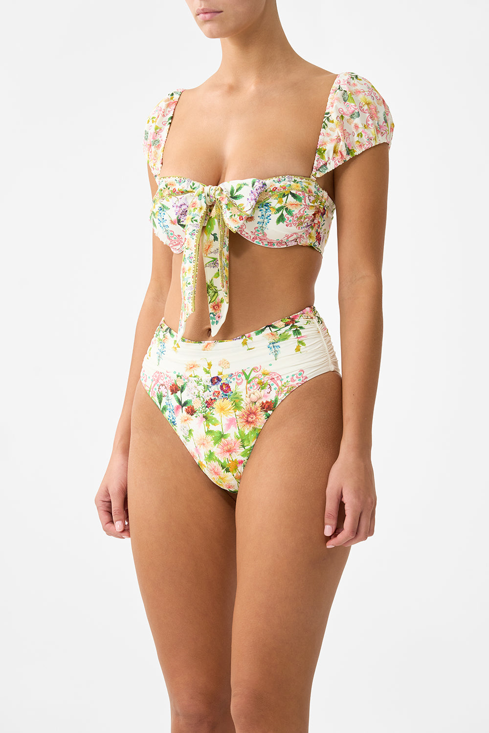 TIE FRONT UNDERWIRE BIKINI TOP WITH PUFF SLEEVE THE CALL OF CATALONIA