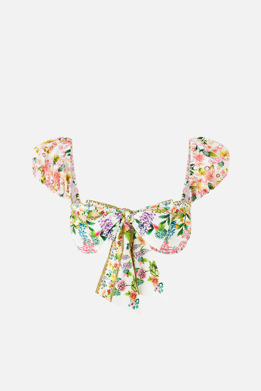 TIE FRONT UNDERWIRE BIKINI TOP WITH PUFF SLEEVE THE CALL OF CATALONIA