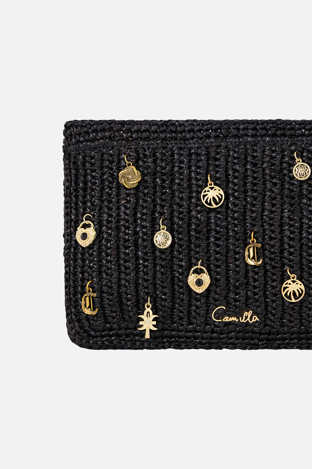 RAFFIA CLUTCH WITH CHARMS SOLID BLACK