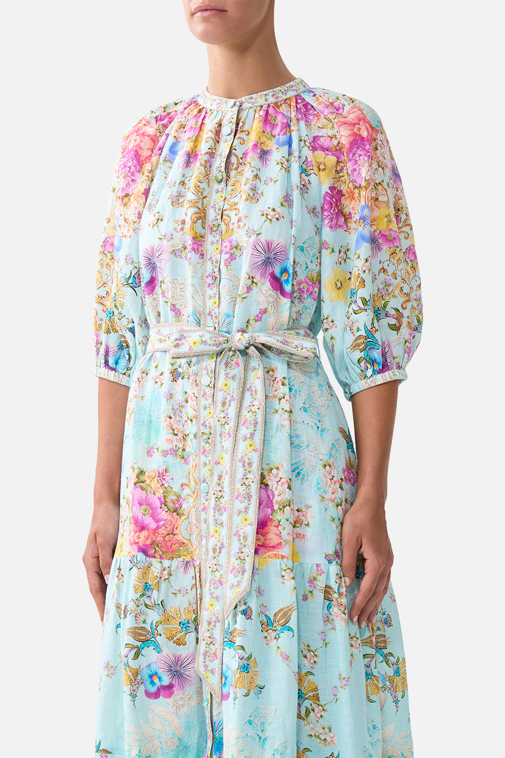 PUFF SLEEVE MIDI SHIRT DRESS WITH TIE BAZAAR BLOOMS