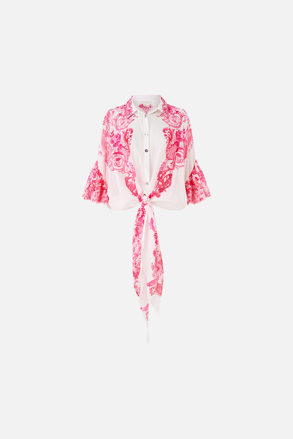 TIE FRONT SHIRT WITH SLEEVE FRILL LIVIN LA VIDA ROSA