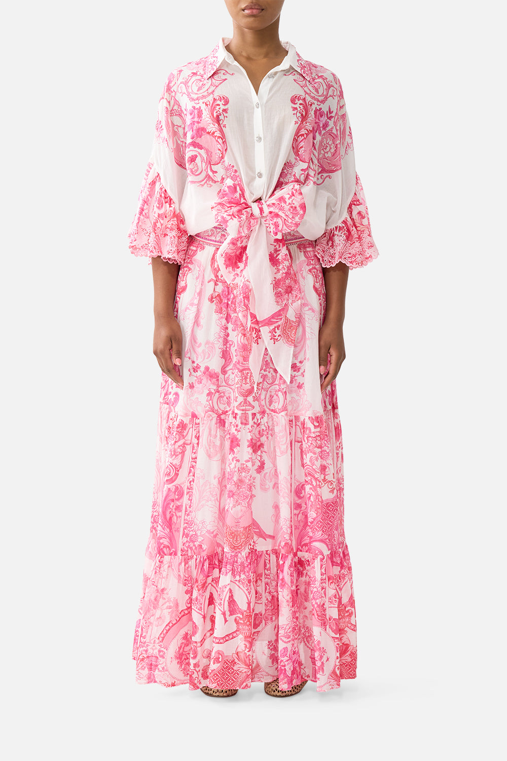 TIE FRONT SHIRT WITH SLEEVE FRILL LIVIN LA VIDA ROSA