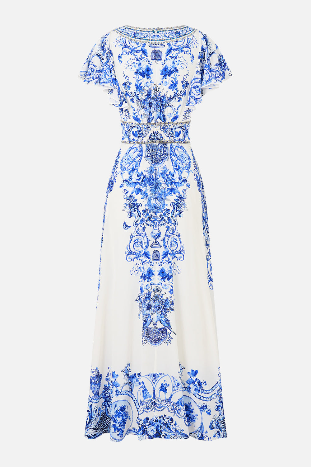 WAISTED MIDI DRESS WITH FLUTTER SLEEVE CERAMIC PANORAMIC