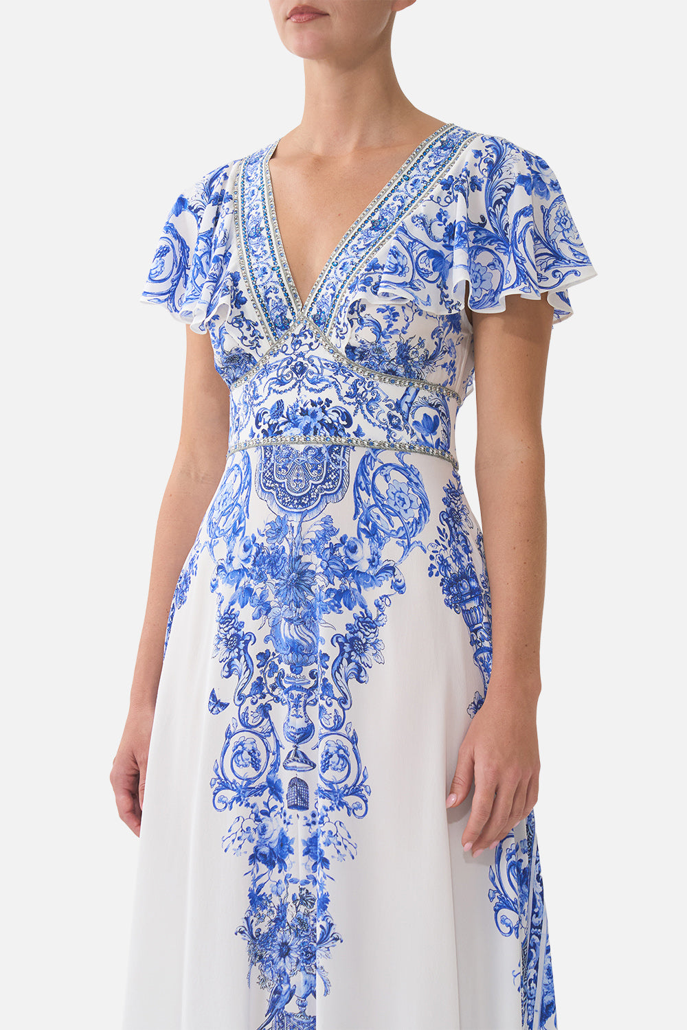 WAISTED MIDI DRESS WITH FLUTTER SLEEVE CERAMIC PANORAMIC