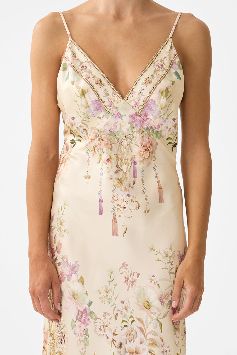 V NECK FULL LENGTH BIAS SLIP DRESS ADORNED IN ARANJUEZ