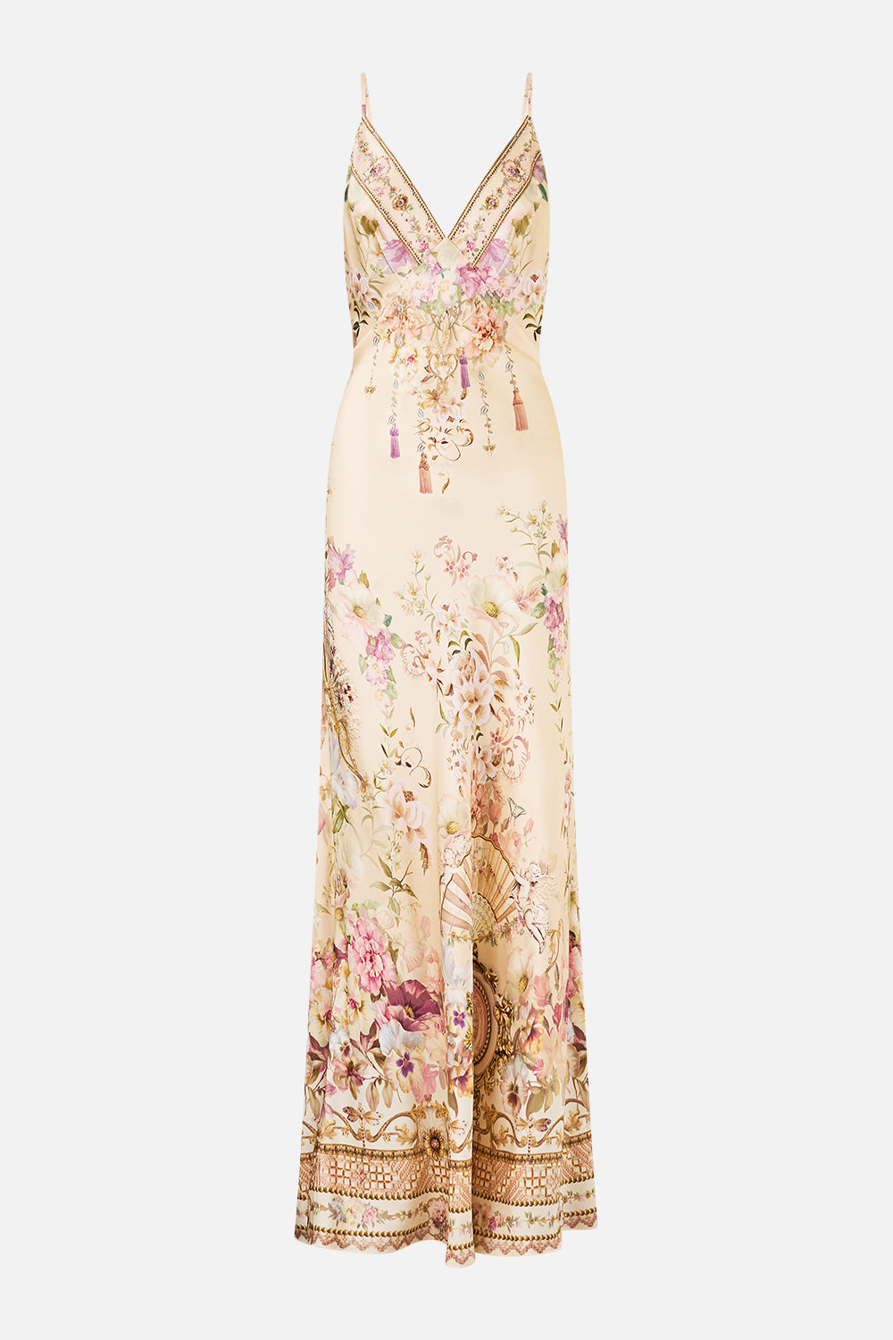 V NECK FULL LENGTH BIAS SLIP DRESS ADORNED IN ARANJUEZ